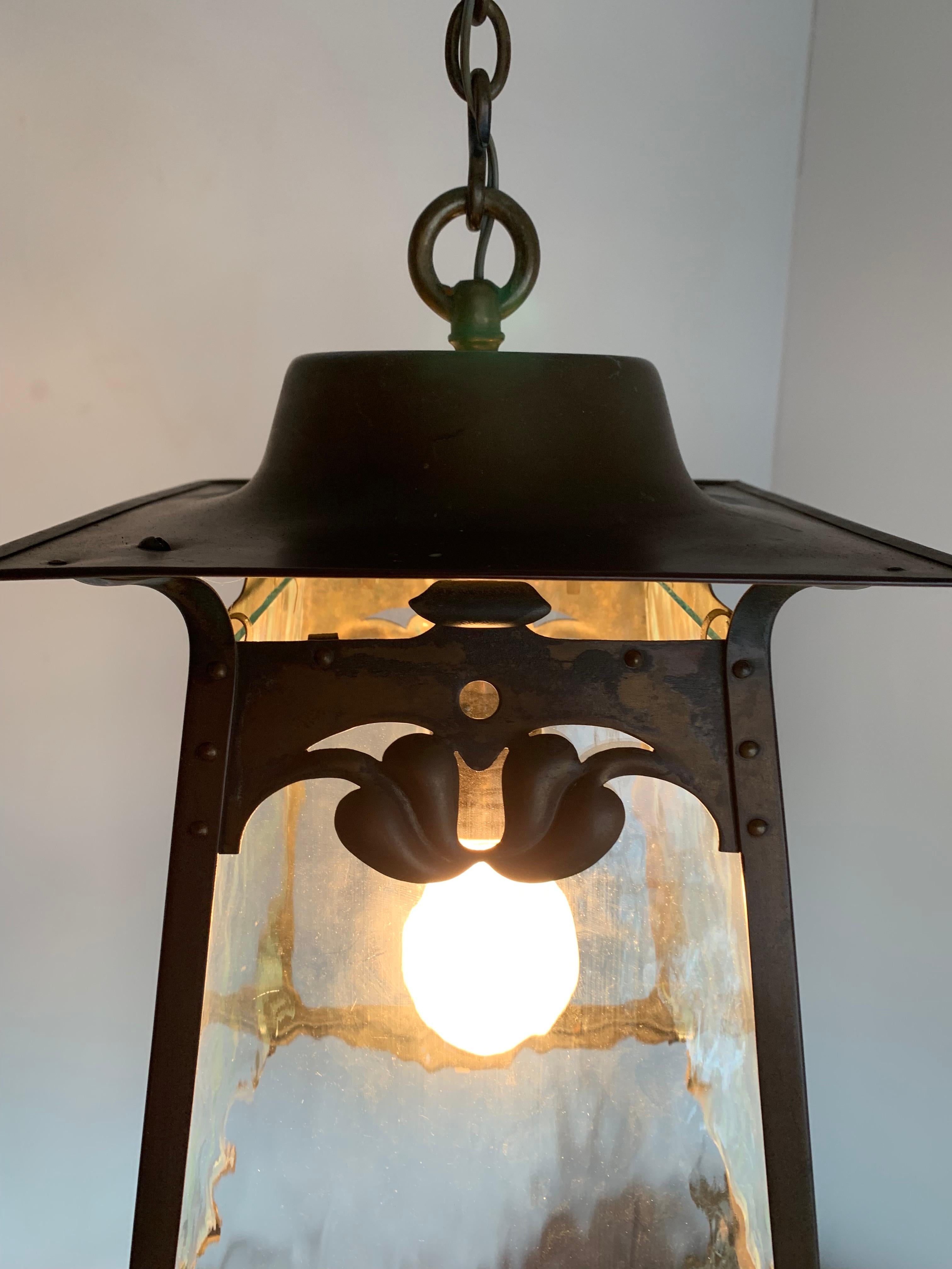 Rare Arts & Crafts Patinated Copper & Cathedral Glass Pendant Light / Lantern 10