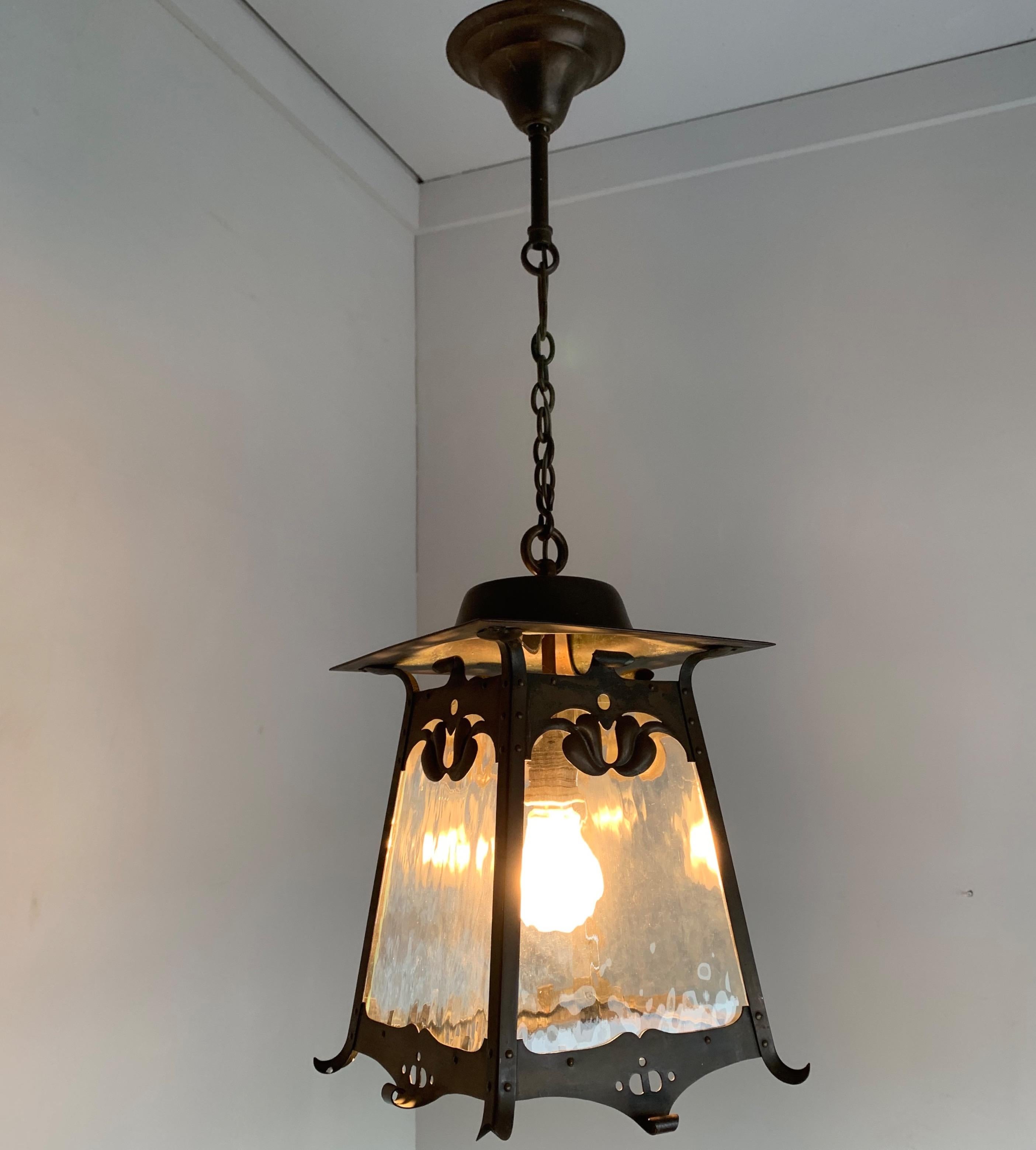 European Rare Arts & Crafts Patinated Copper & Cathedral Glass Pendant Light / Lantern