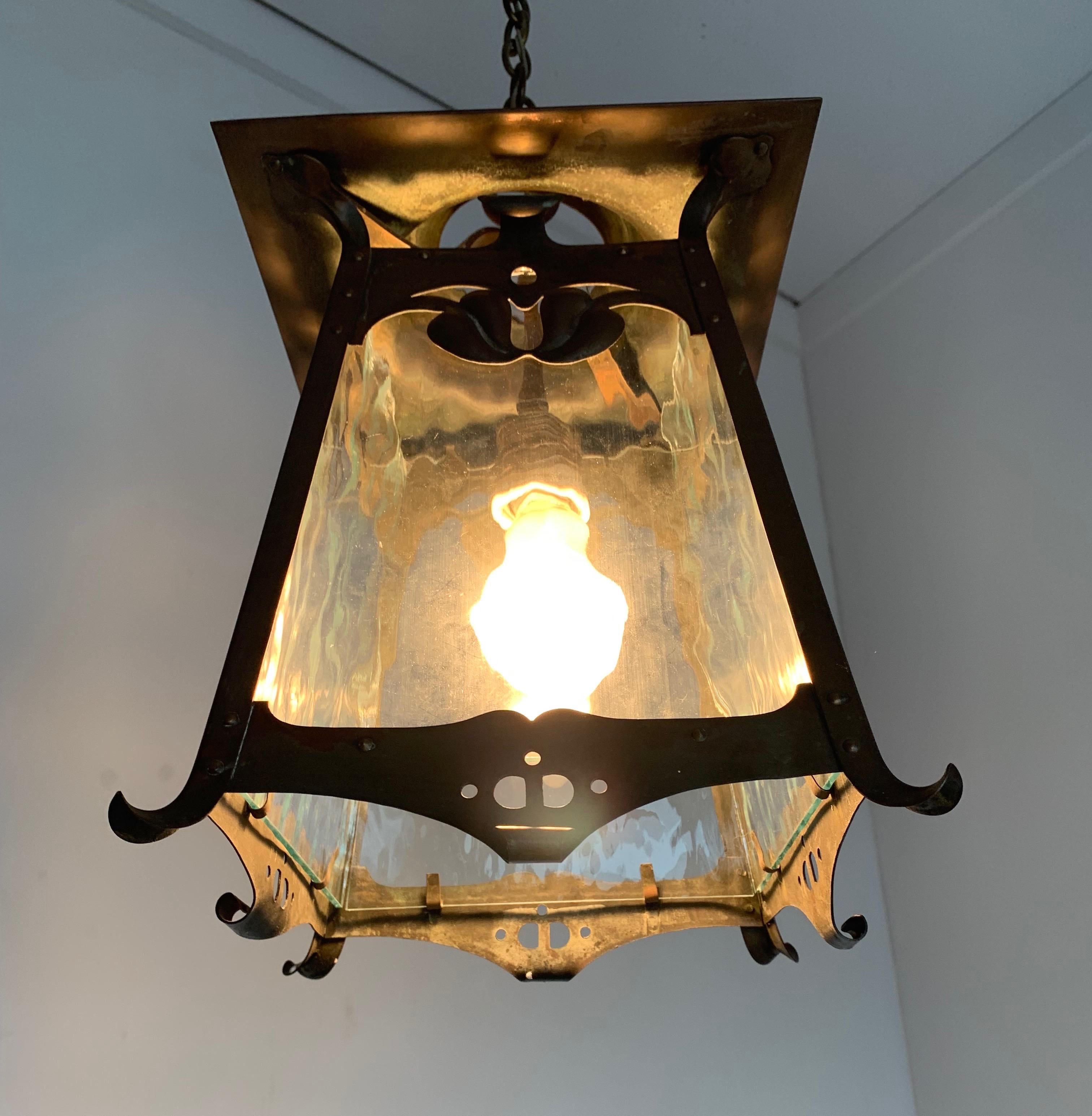Hand-Crafted Rare Arts & Crafts Patinated Copper & Cathedral Glass Pendant Light / Lantern