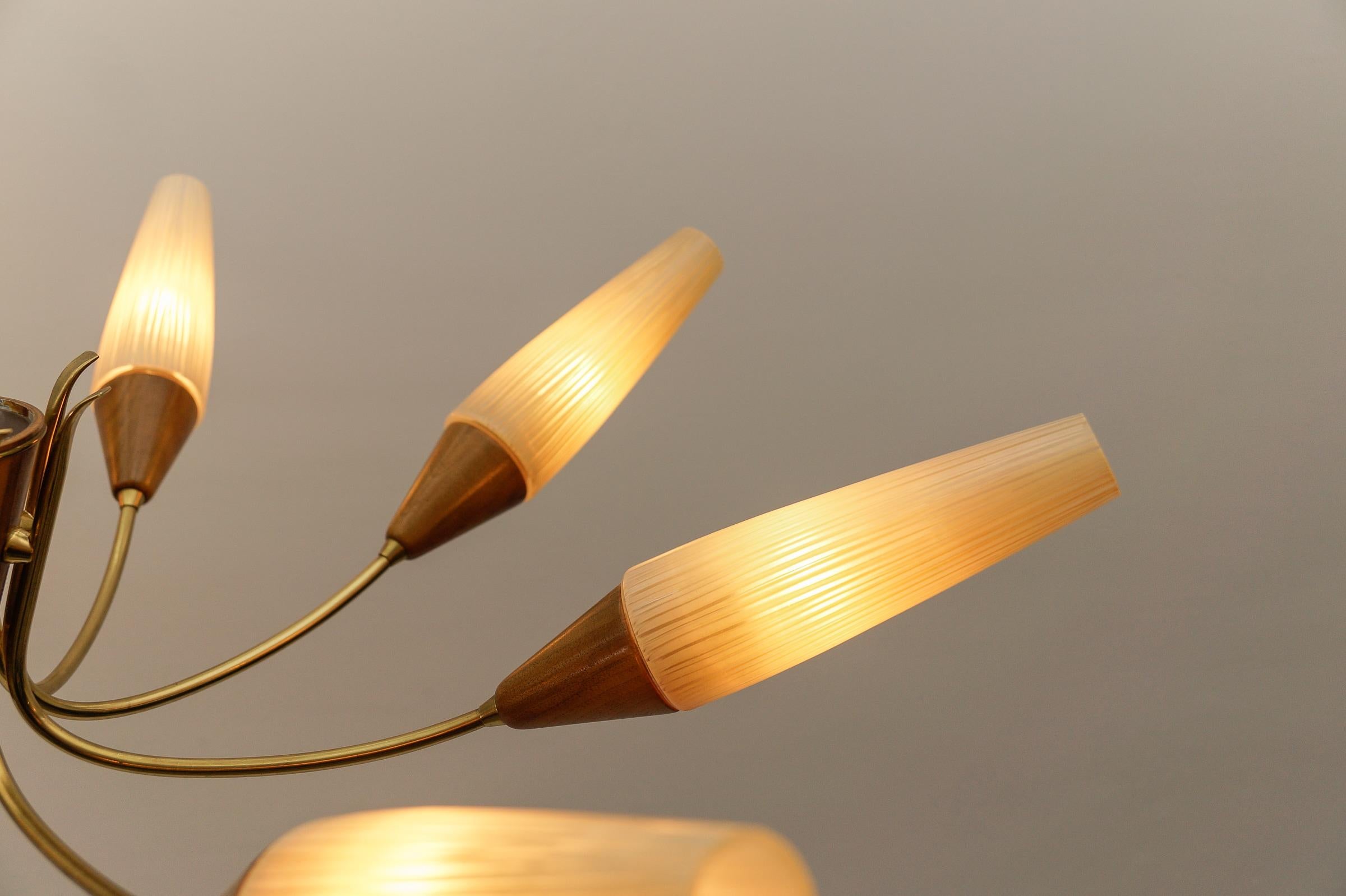 Awesome Brass and Wood Spider Lamp with Glass Shades, 1950s 4