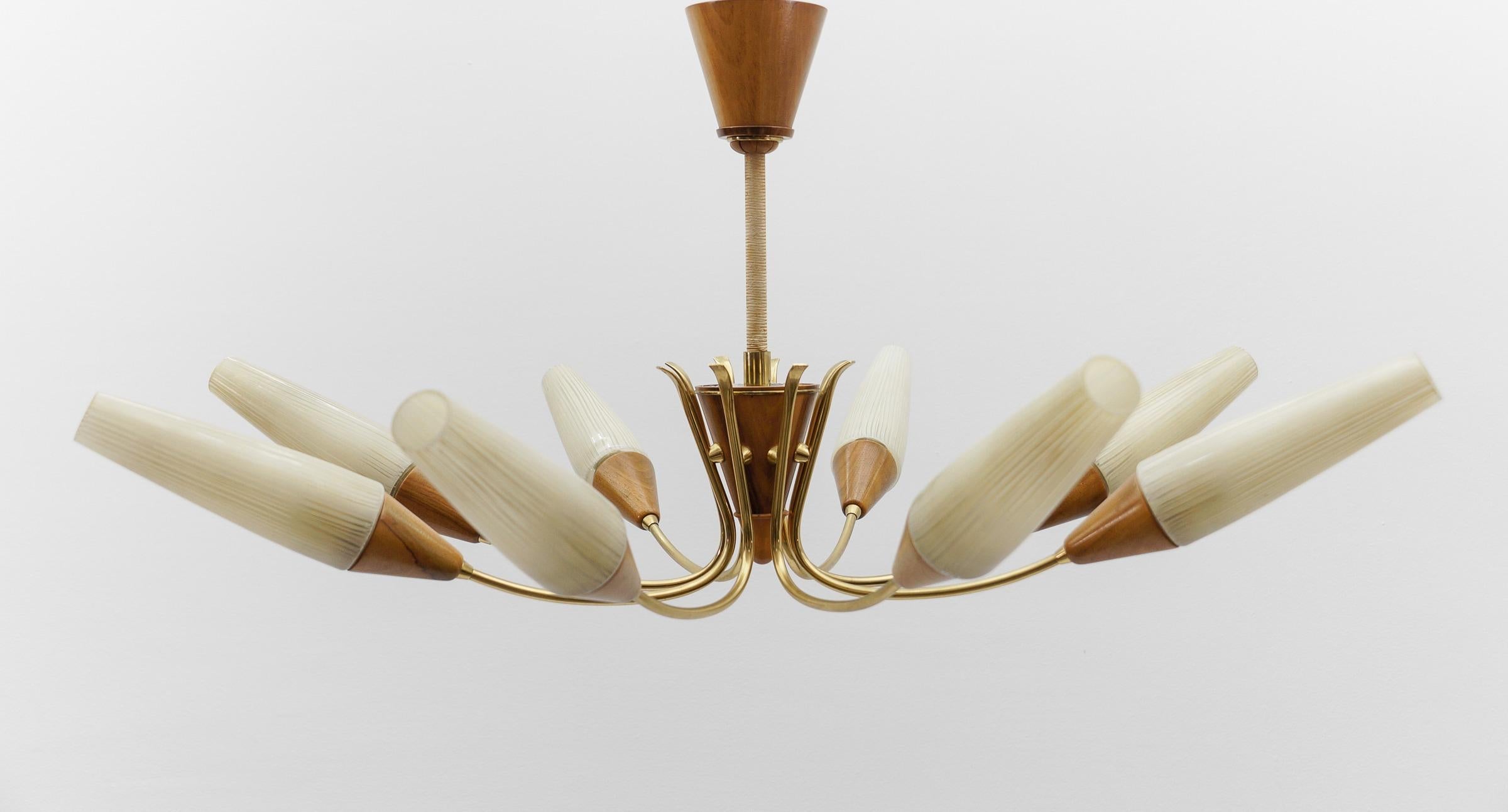 Awesome Brass and Wood Spider Lamp with Glass Shades, 1950s

Rare and elegant midcentury Sputnik lamps, 1950s, Italy. Executed in metal, brass and wood.

The usual slight signs of wear and a beautiful patina.

The lamp is executed with 8 x E14