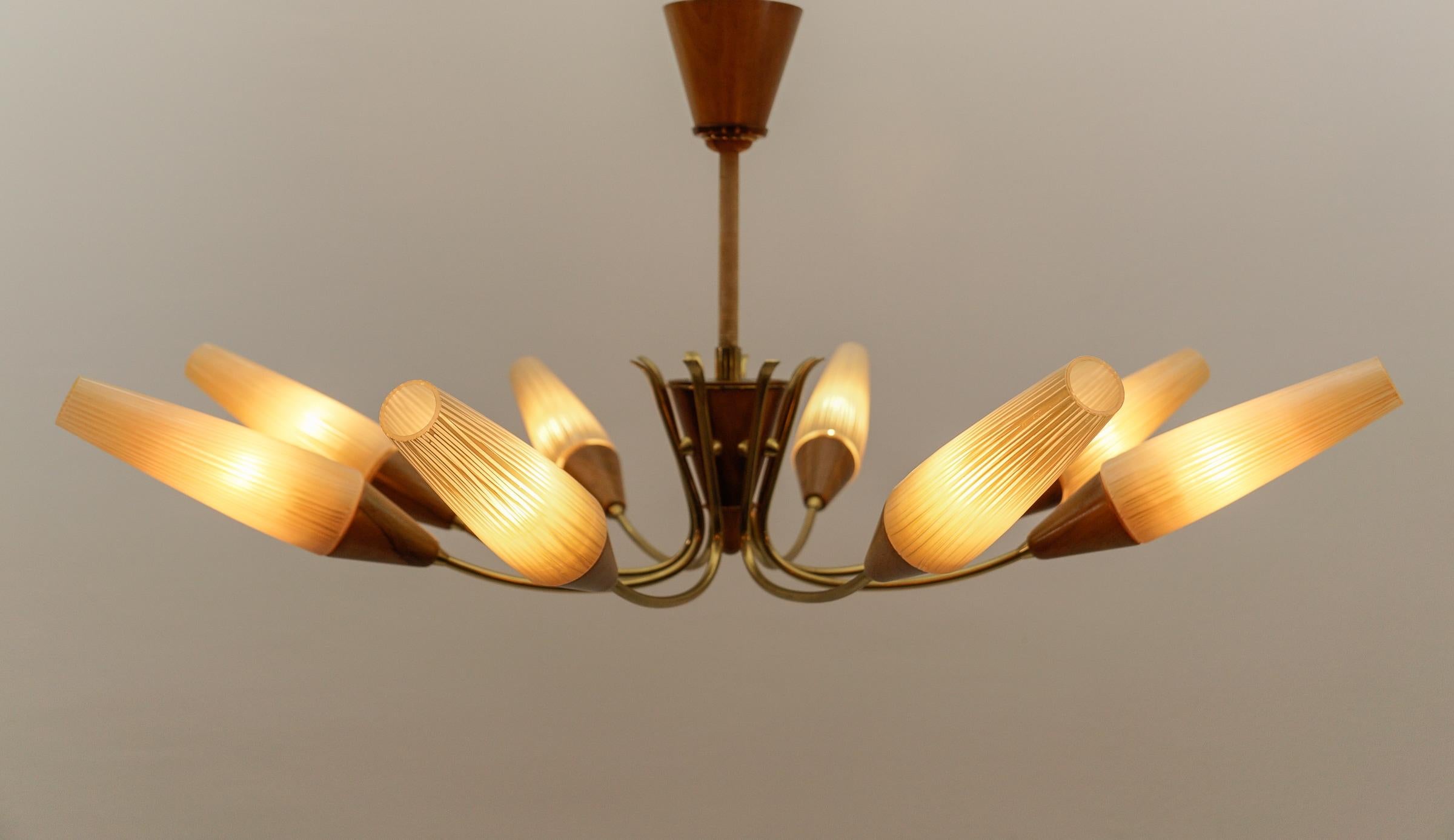 Mid-Century Modern Awesome Brass and Wood Spider Lamp with Glass Shades, 1950s
