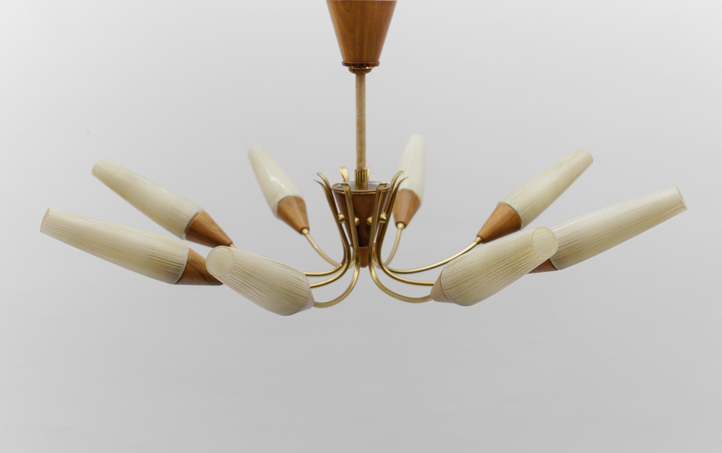 Italian Awesome Brass and Wood Spider Lamp with Glass Shades, 1950s