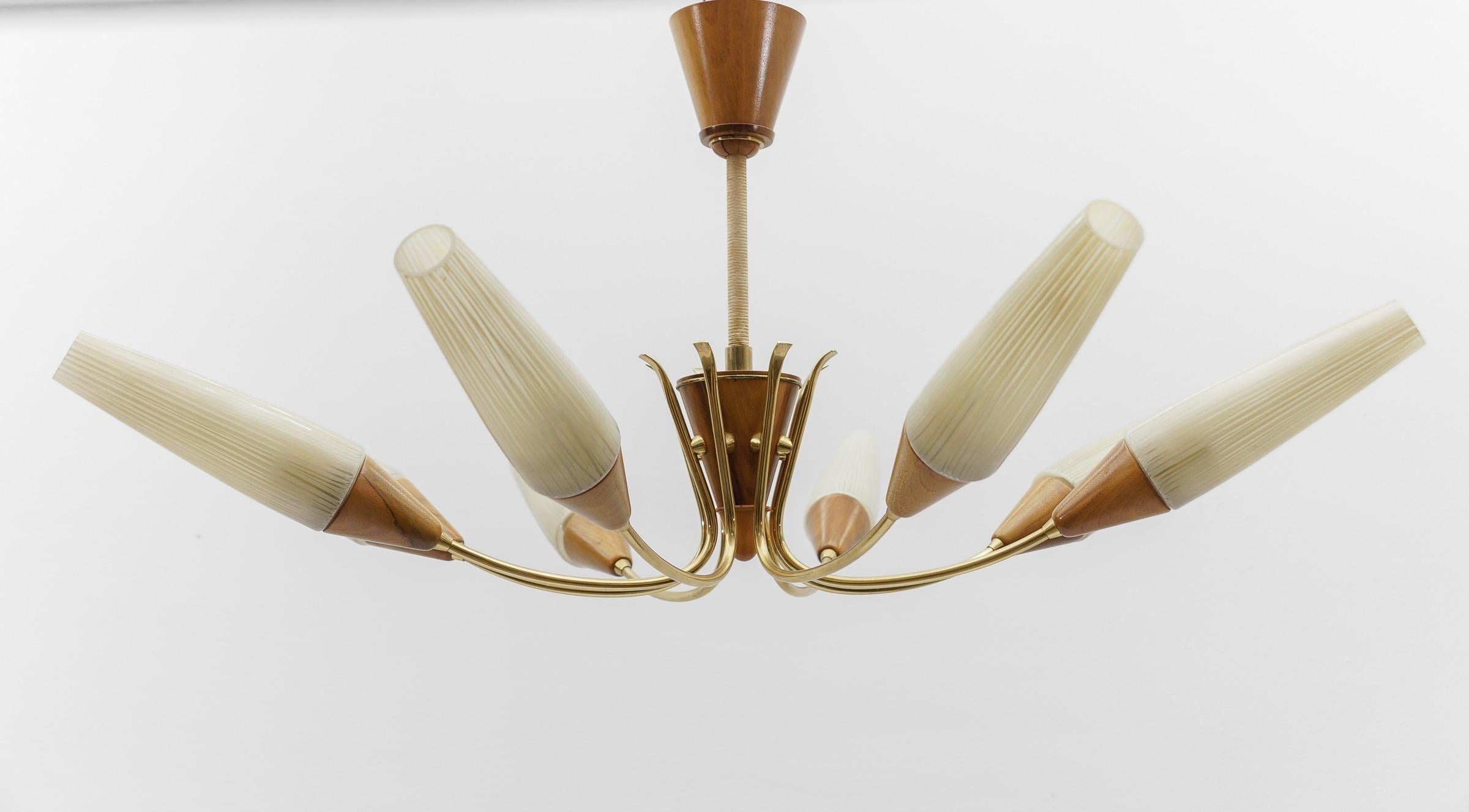 Awesome Brass and Wood Spider Lamp with Glass Shades, 1950s In Good Condition In Nürnberg, Bayern