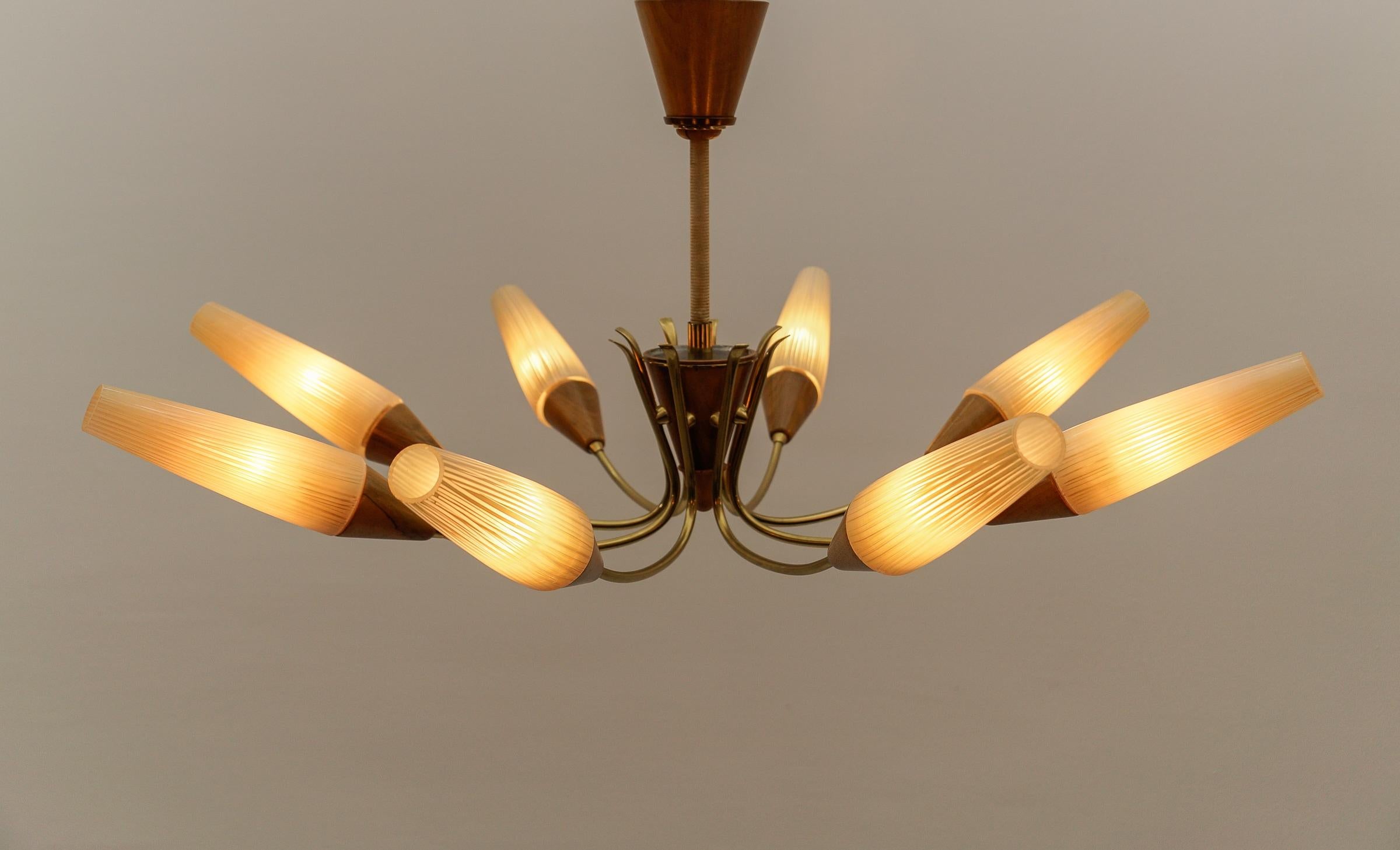 Mid-20th Century Awesome Brass and Wood Spider Lamp with Glass Shades, 1950s