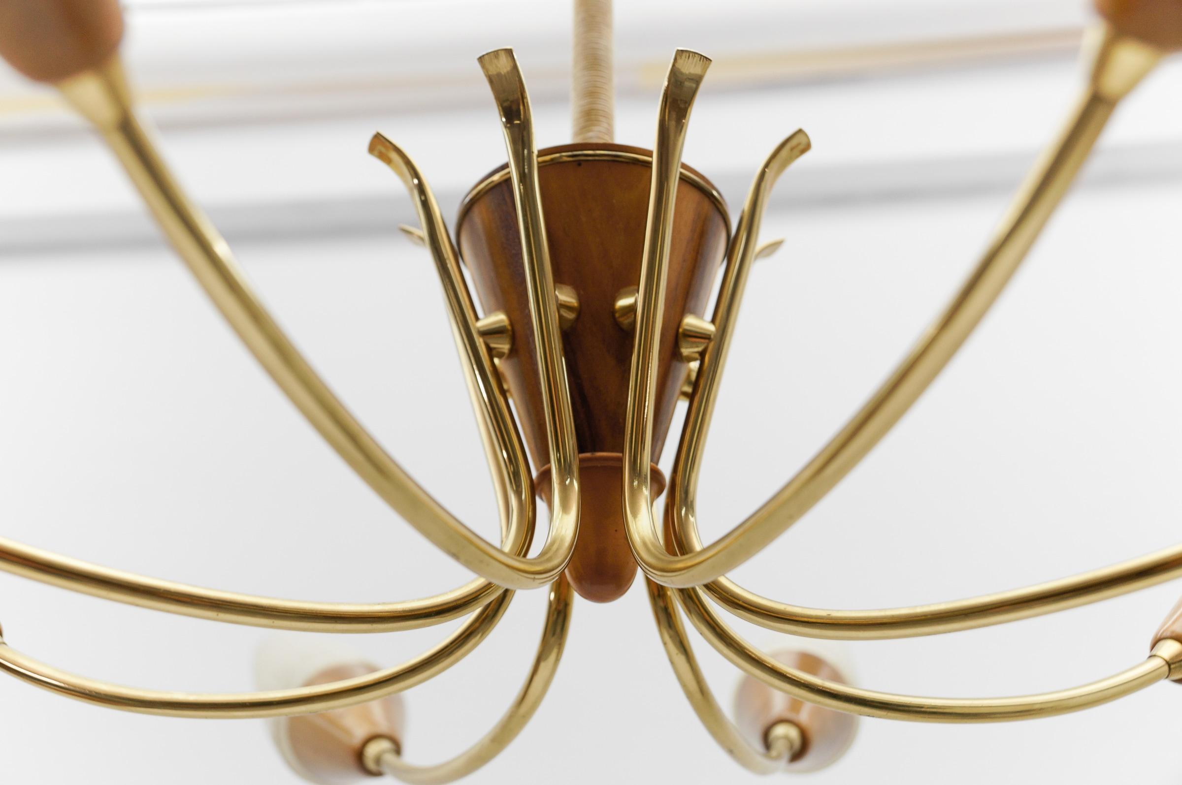 Metal Awesome Brass and Wood Spider Lamp with Glass Shades, 1950s