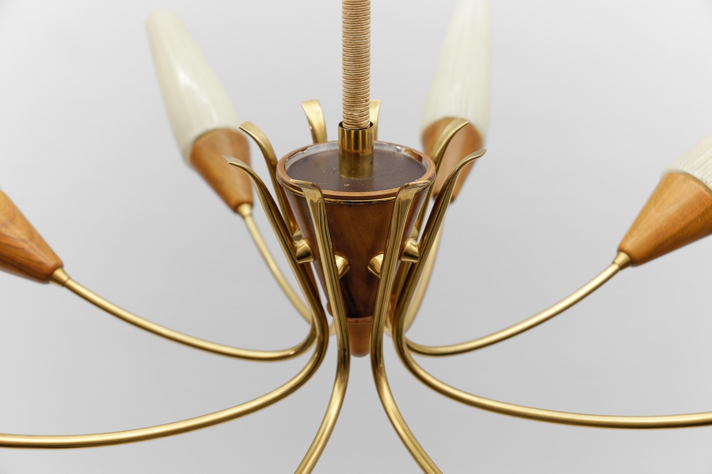 Awesome Brass and Wood Spider Lamp with Glass Shades, 1950s 1