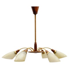 Awesome Brass and Wood Spider Lamp with Glass Shades, 1950s Vintage Awesome Brass and Wood Spider Lamp with Glass Shades, 1950s