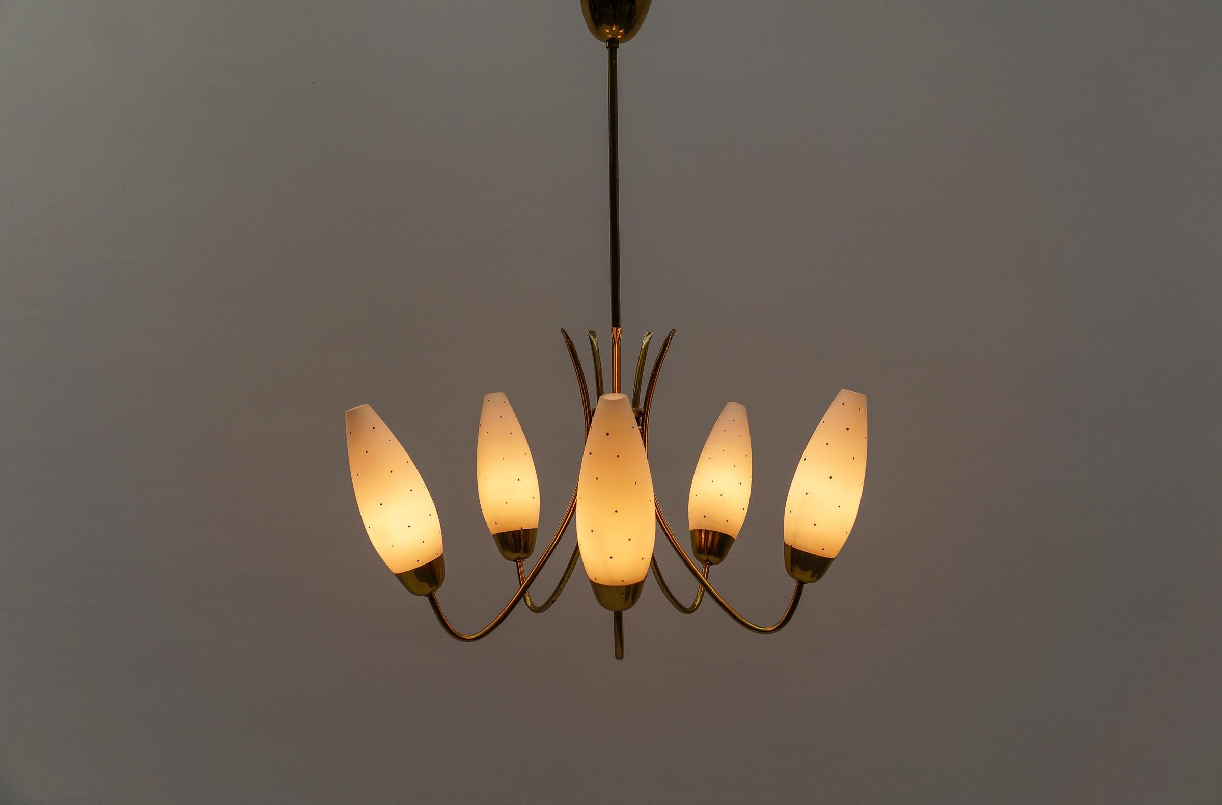 Italian Awesome Brass Spider Lamp with Dotted Glass Shades, 1950s Italy For Sale