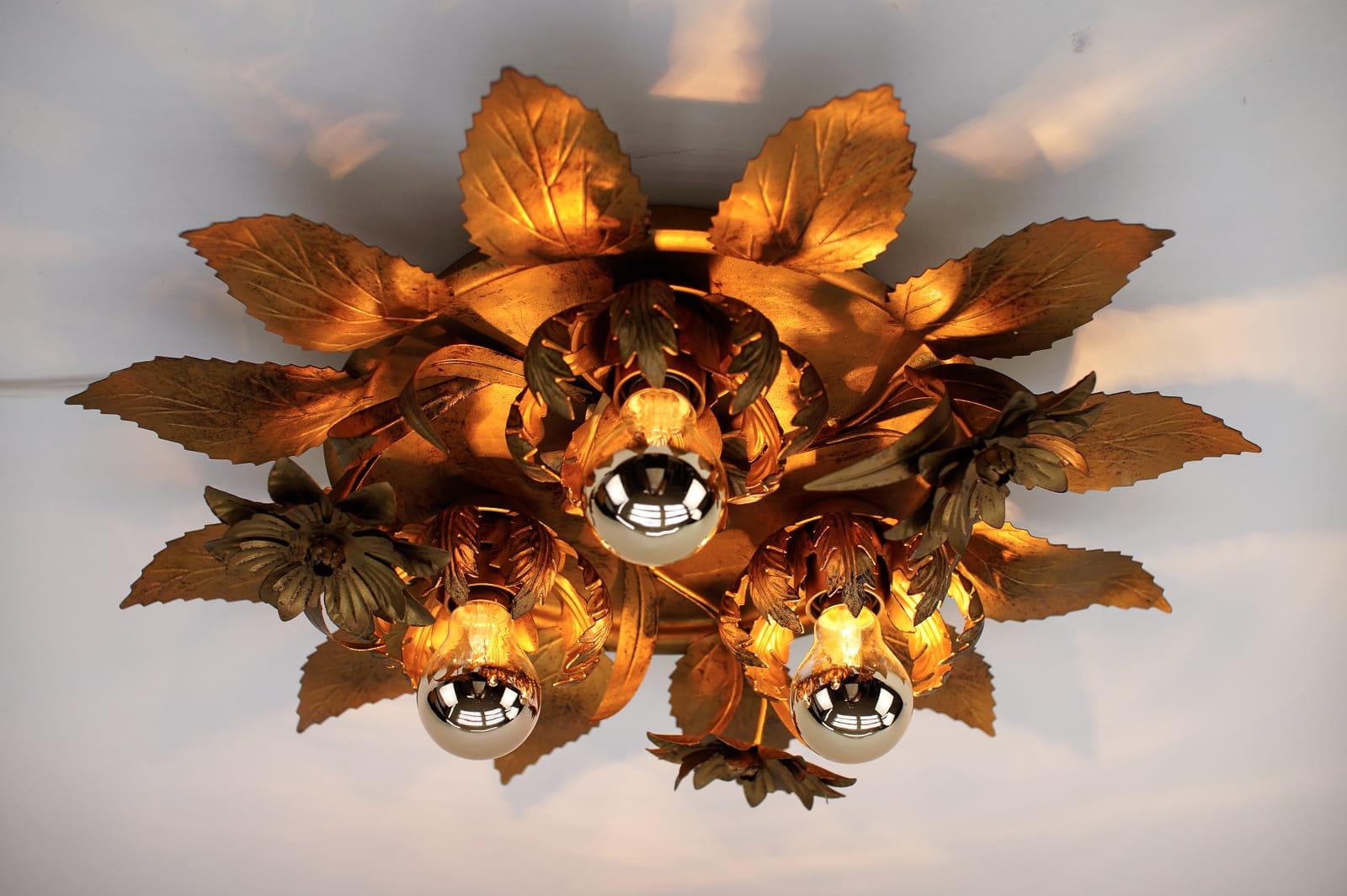Hollywood Regency Awesome Gilded Florentine Wall or Ceiling Lamp, Italy 1960s