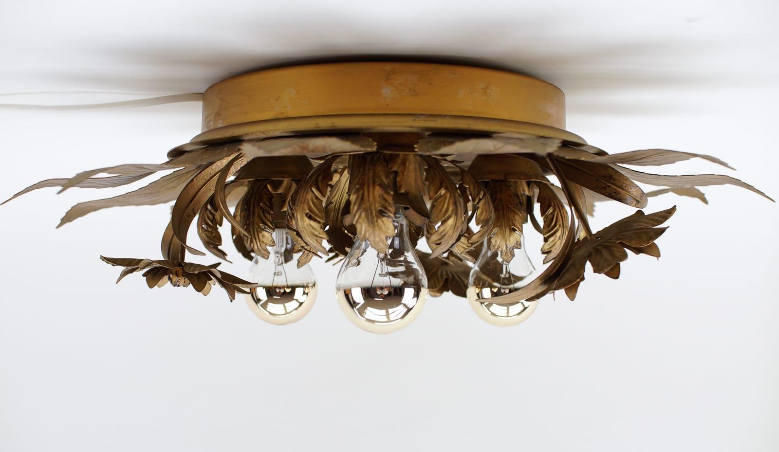 Metal Awesome Gilded Florentine Wall or Ceiling Lamp, Italy 1960s