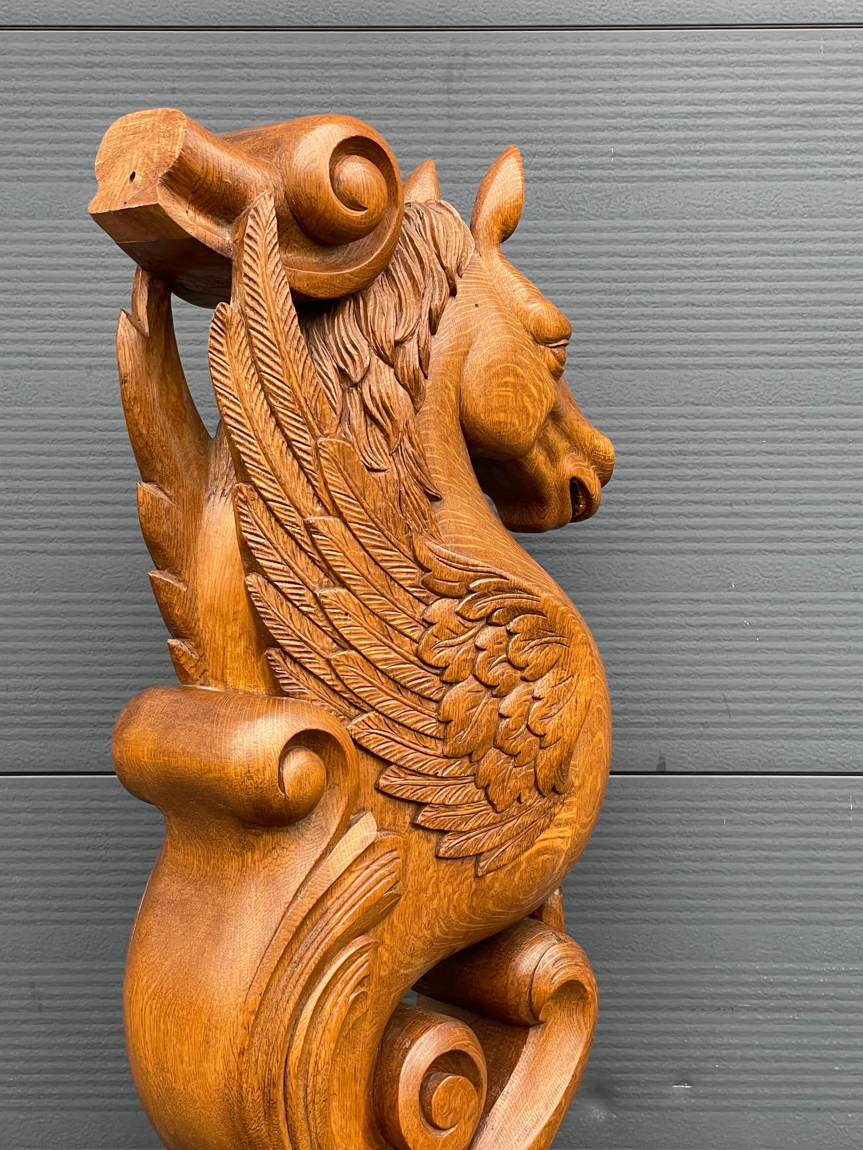 Awesome Hand Carved Oak Pegasus Winged Horse Sculpture Newel Post / Stair Rail For Sale 8