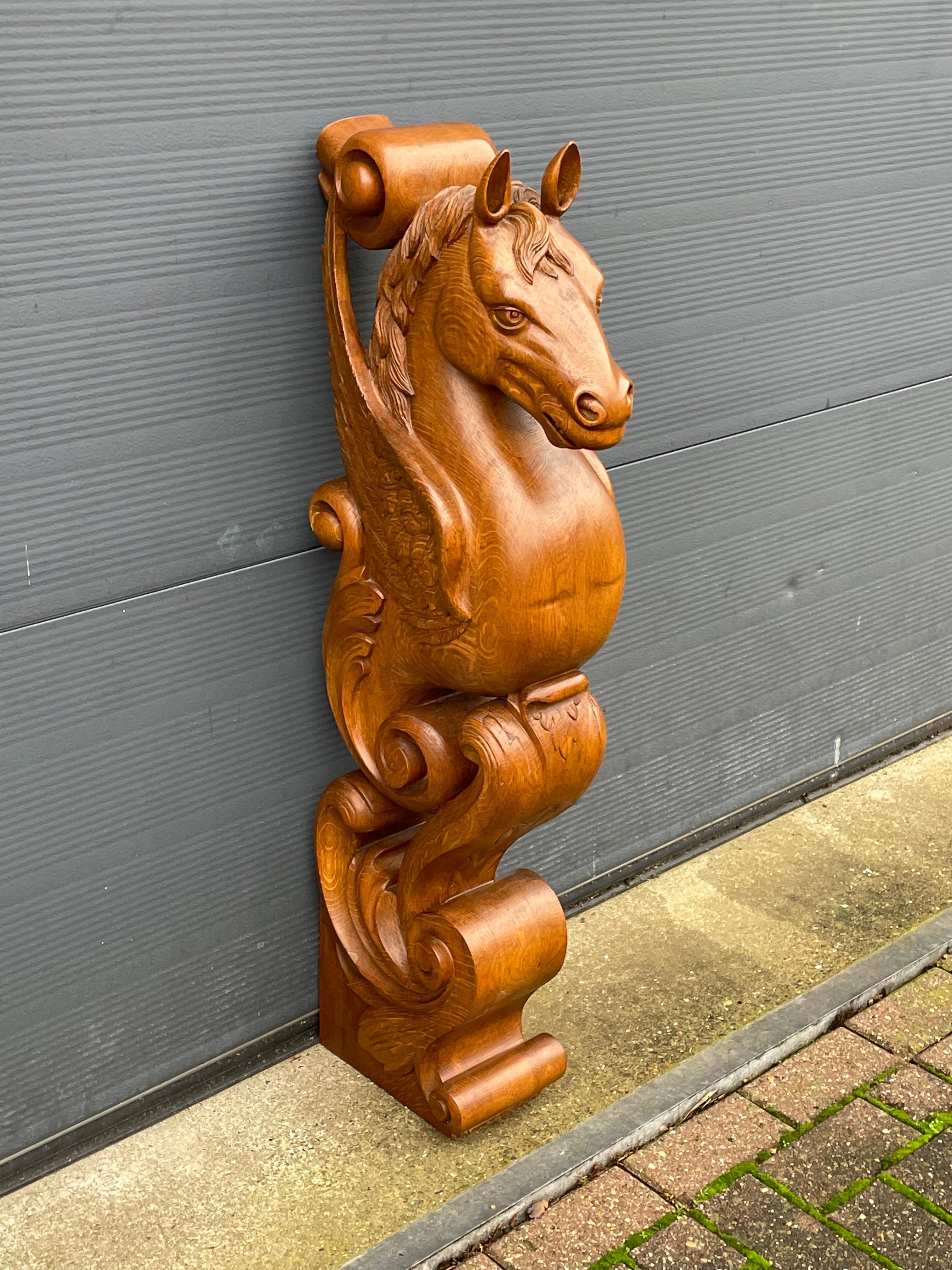 Awesome Hand Carved Oak Pegasus Winged Horse Sculpture Newel Post / Stair Rail For Sale 11