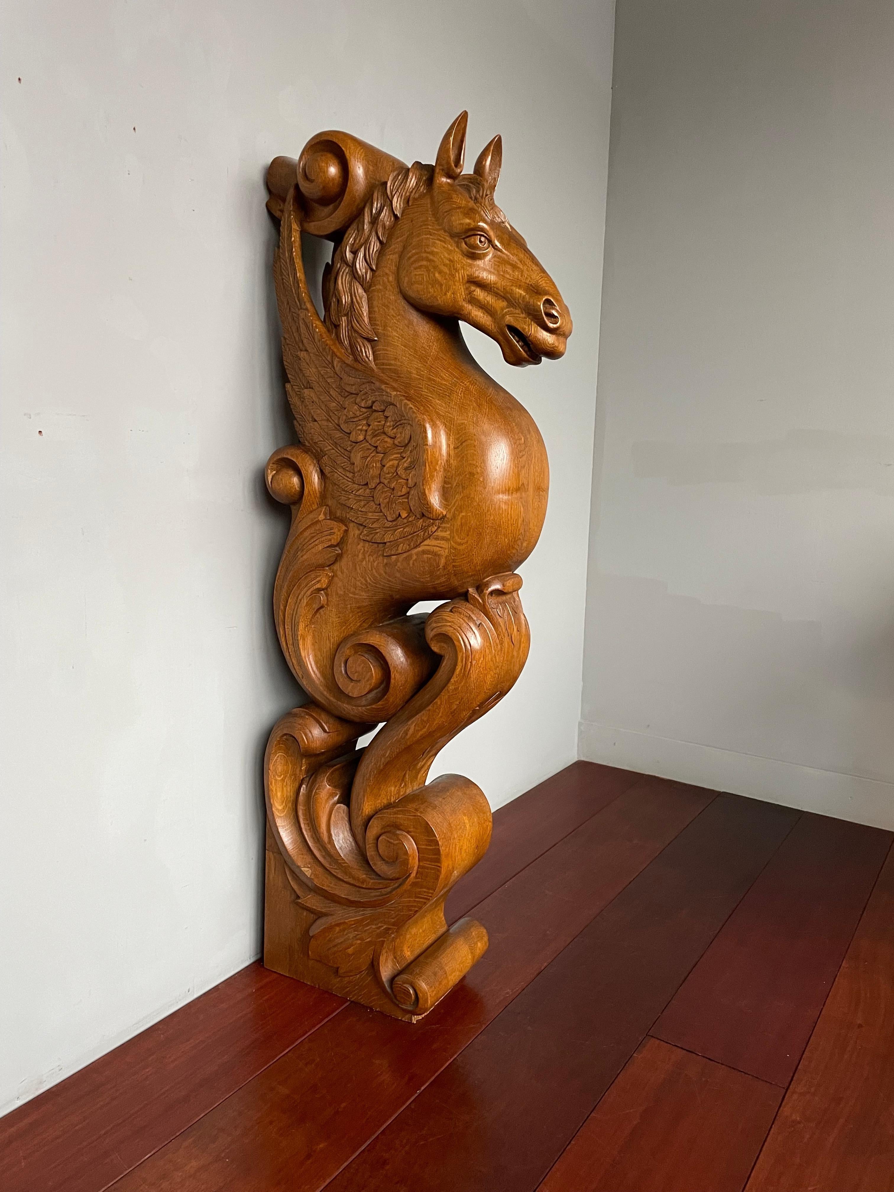 Greek Revival Awesome Hand Carved Oak Pegasus Winged Horse Sculpture Newel Post / Stair Rail For Sale