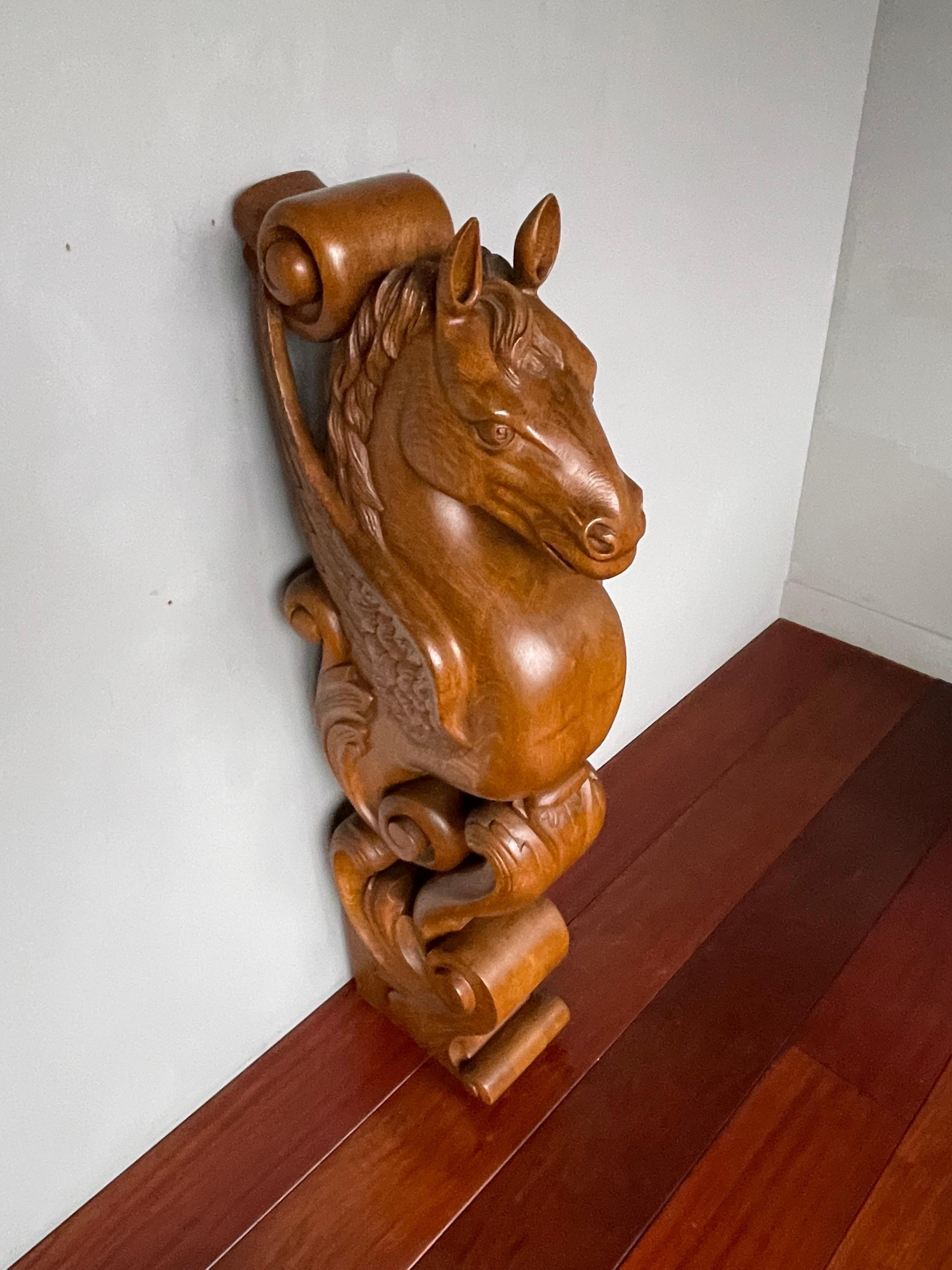 Awesome Hand Carved Oak Pegasus Winged Horse Sculpture Newel Post / Stair Rail For Sale 9