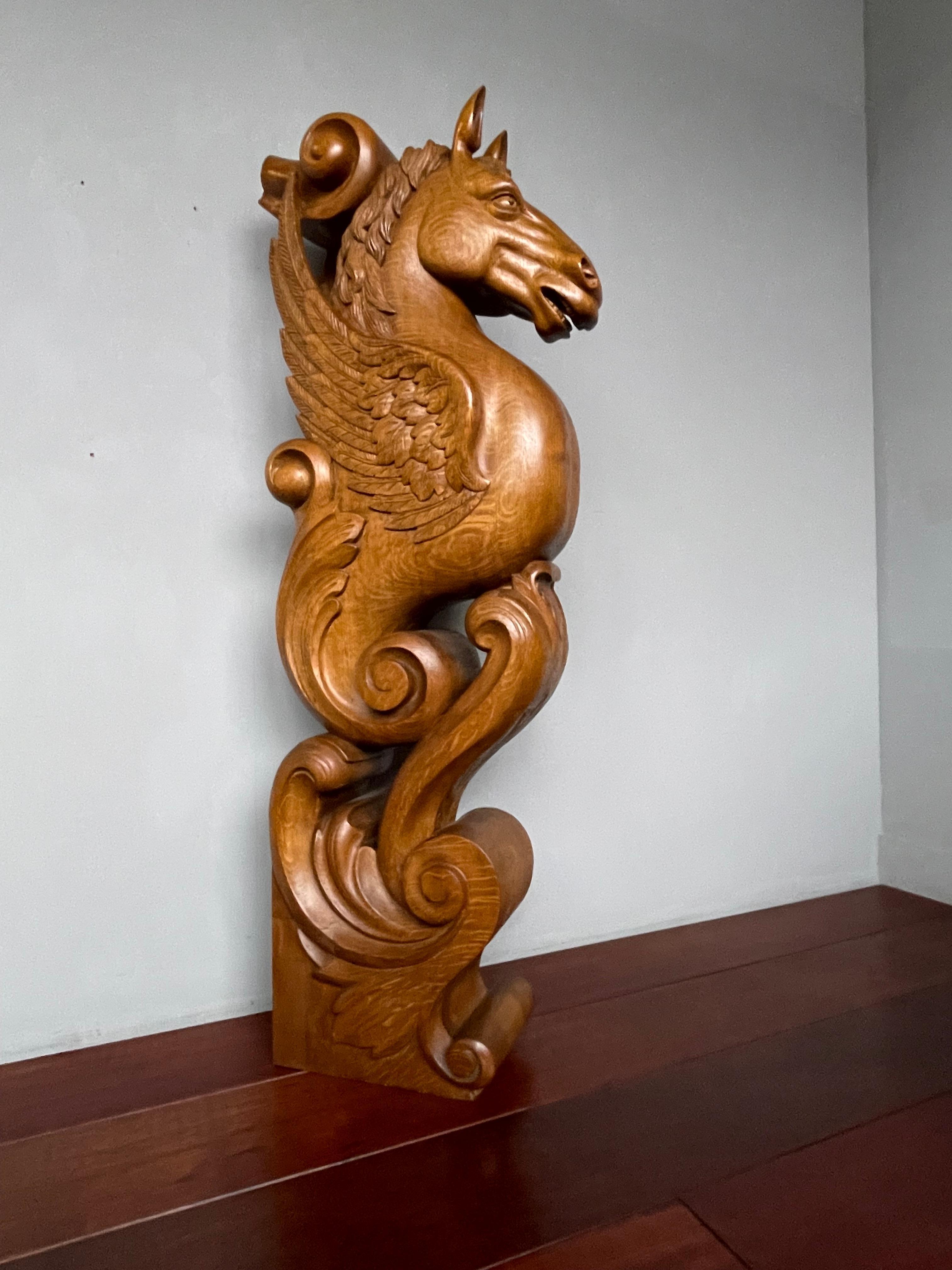 Awesome Hand Carved Oak Pegasus Winged Horse Sculpture Newel Post / Stair Rail For Sale 3