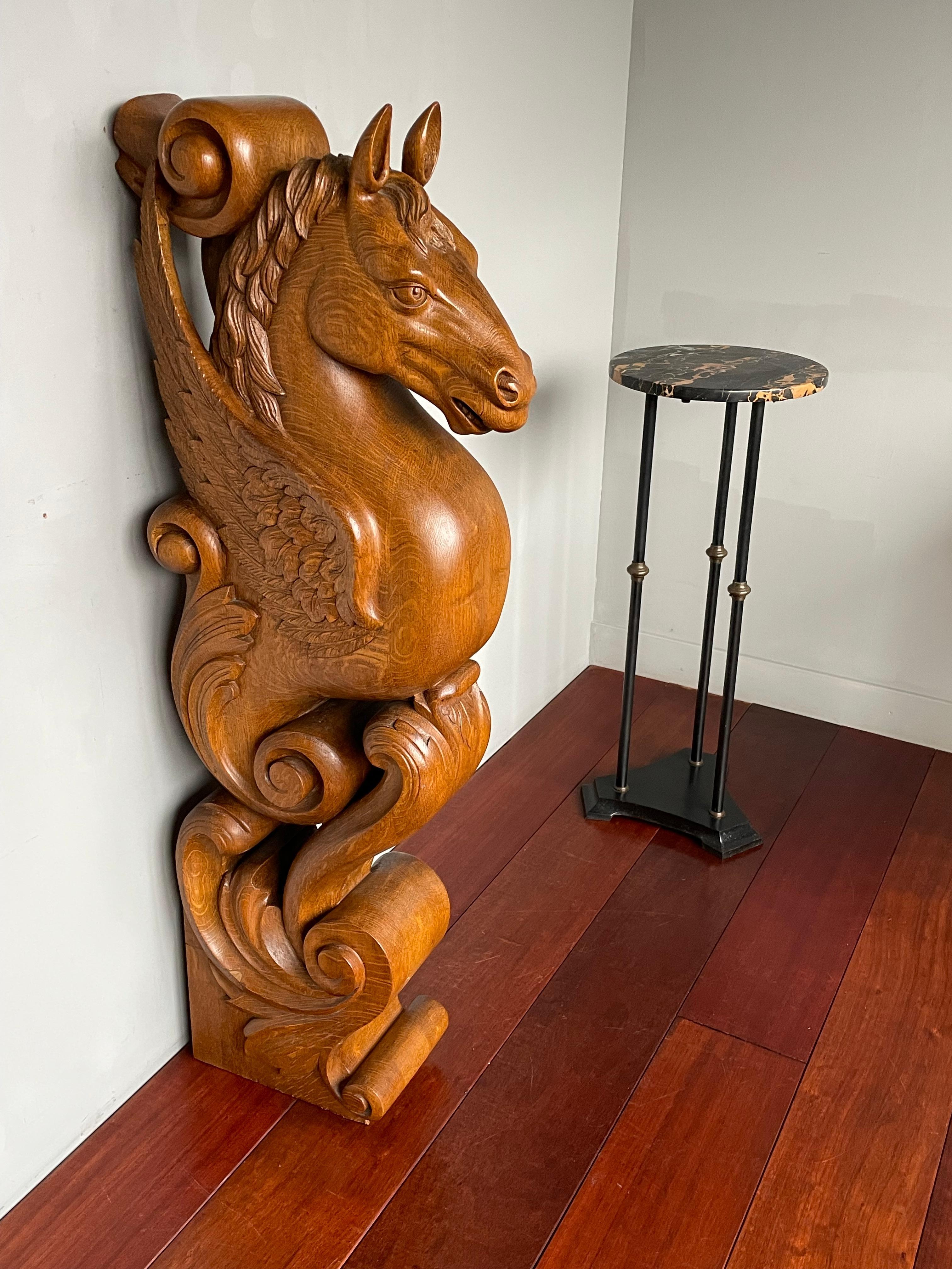 Awesome Hand Carved Oak Pegasus Winged Horse Sculpture Newel Post / Stair Rail For Sale 13