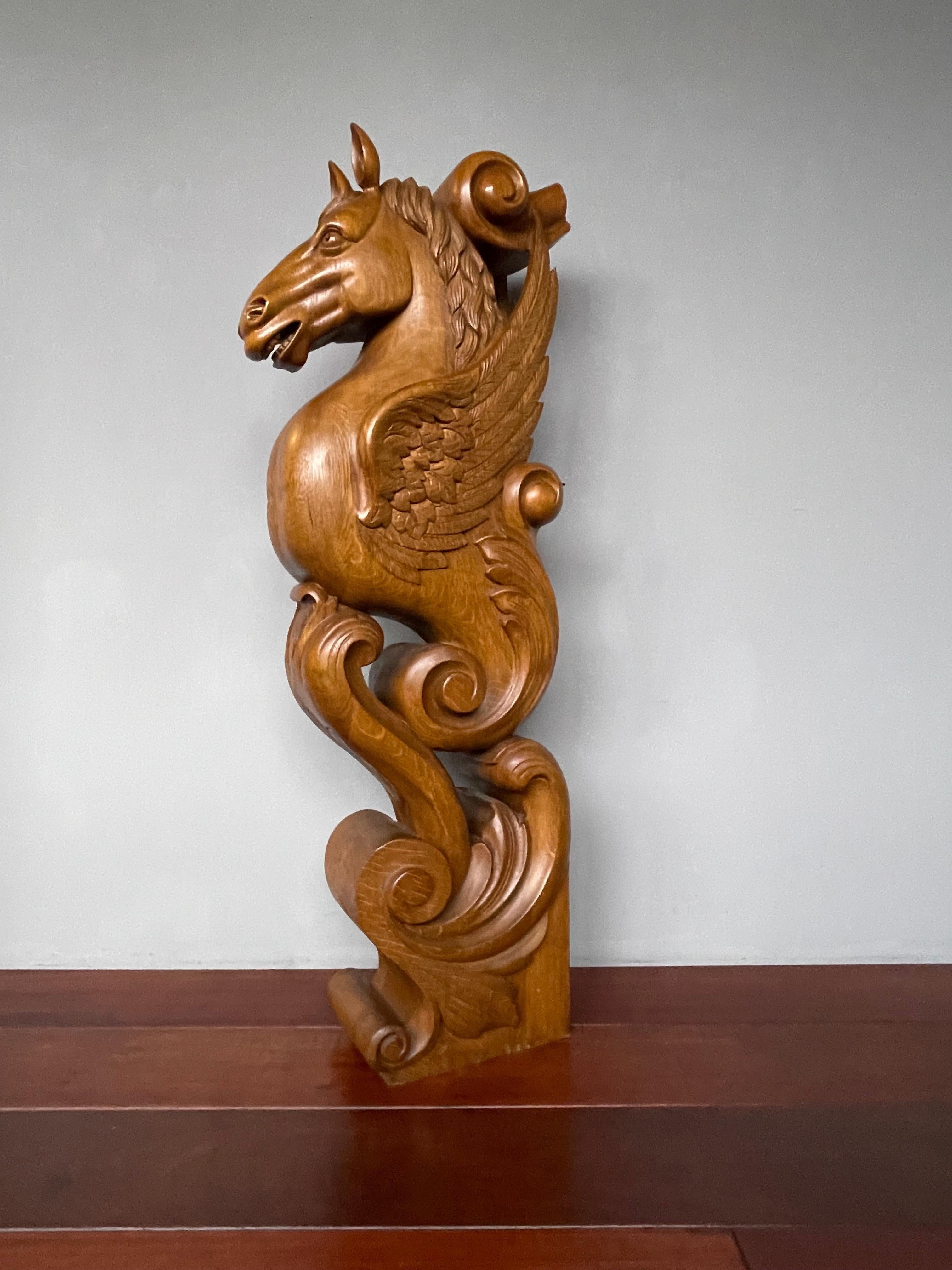 One of a kind, sculptural stair newel post.

Because of its large size, its top quality workmanship, its subject matter and its excellent condition we were immediately sold when we first saw this awesome, newel-post-Pegasus-sculpture. Even if you