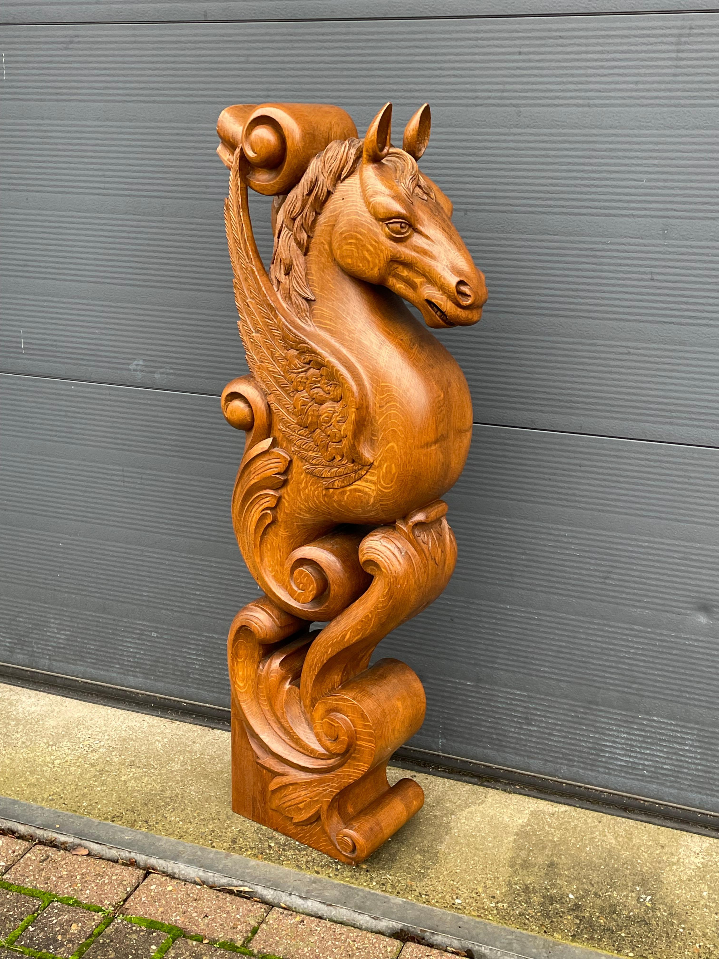 Greek Revival Awesome Hand Carved Oak Pegasus Winged Horse Sculpture Newel Post / Stair Rail For Sale