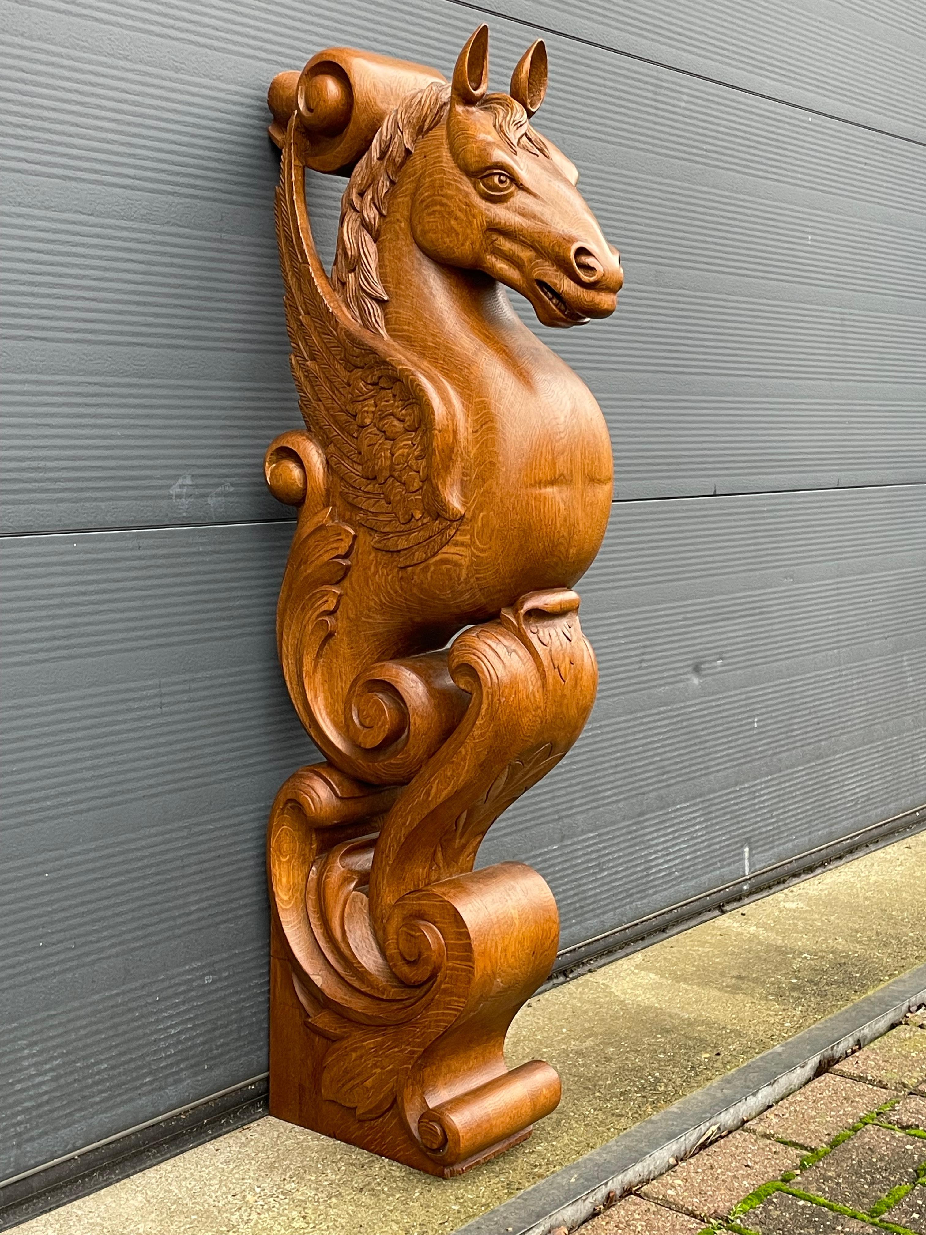 European Awesome Hand Carved Oak Pegasus Winged Horse Sculpture Newel Post / Stair Rail For Sale