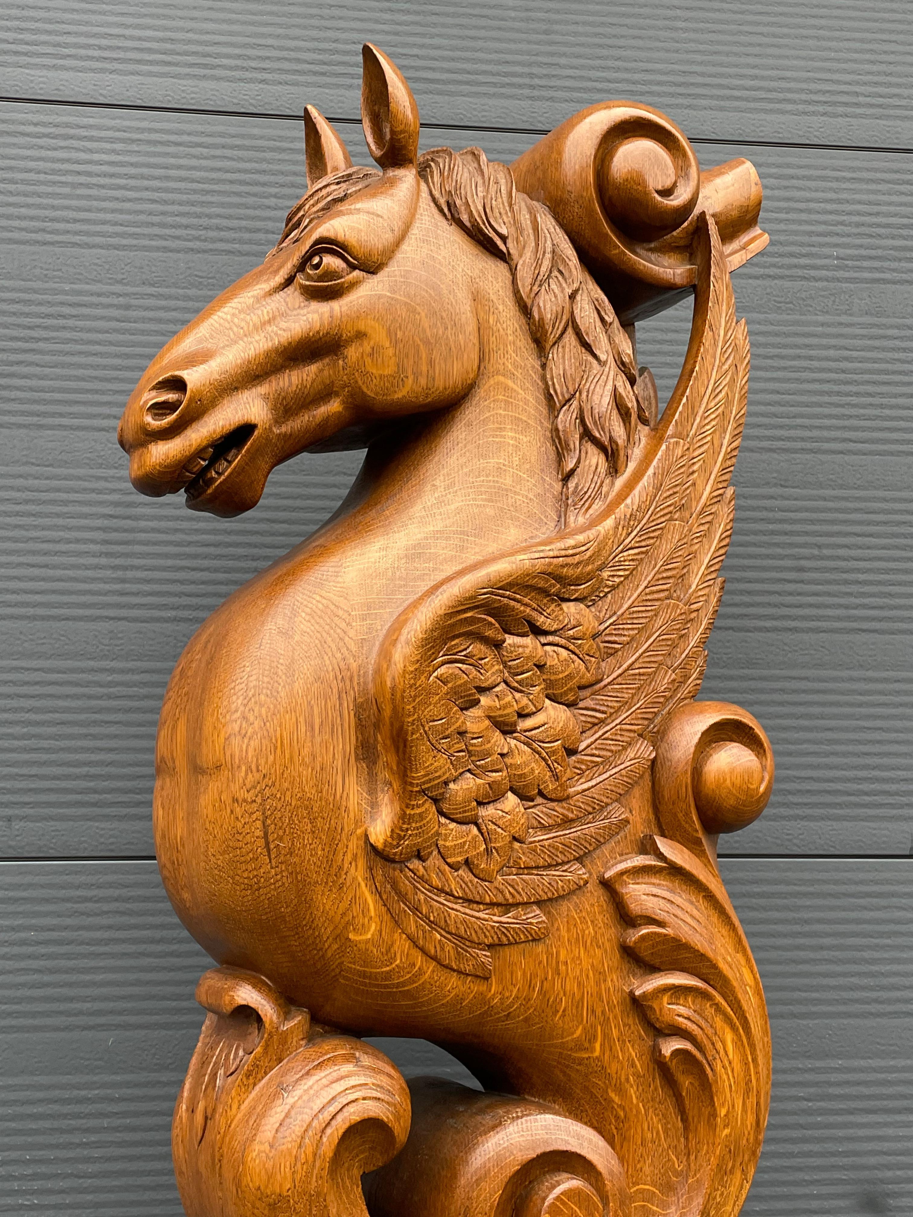 Awesome Hand Carved Oak Pegasus Winged Horse Sculpture Newel Post / Stair Rail For Sale 1