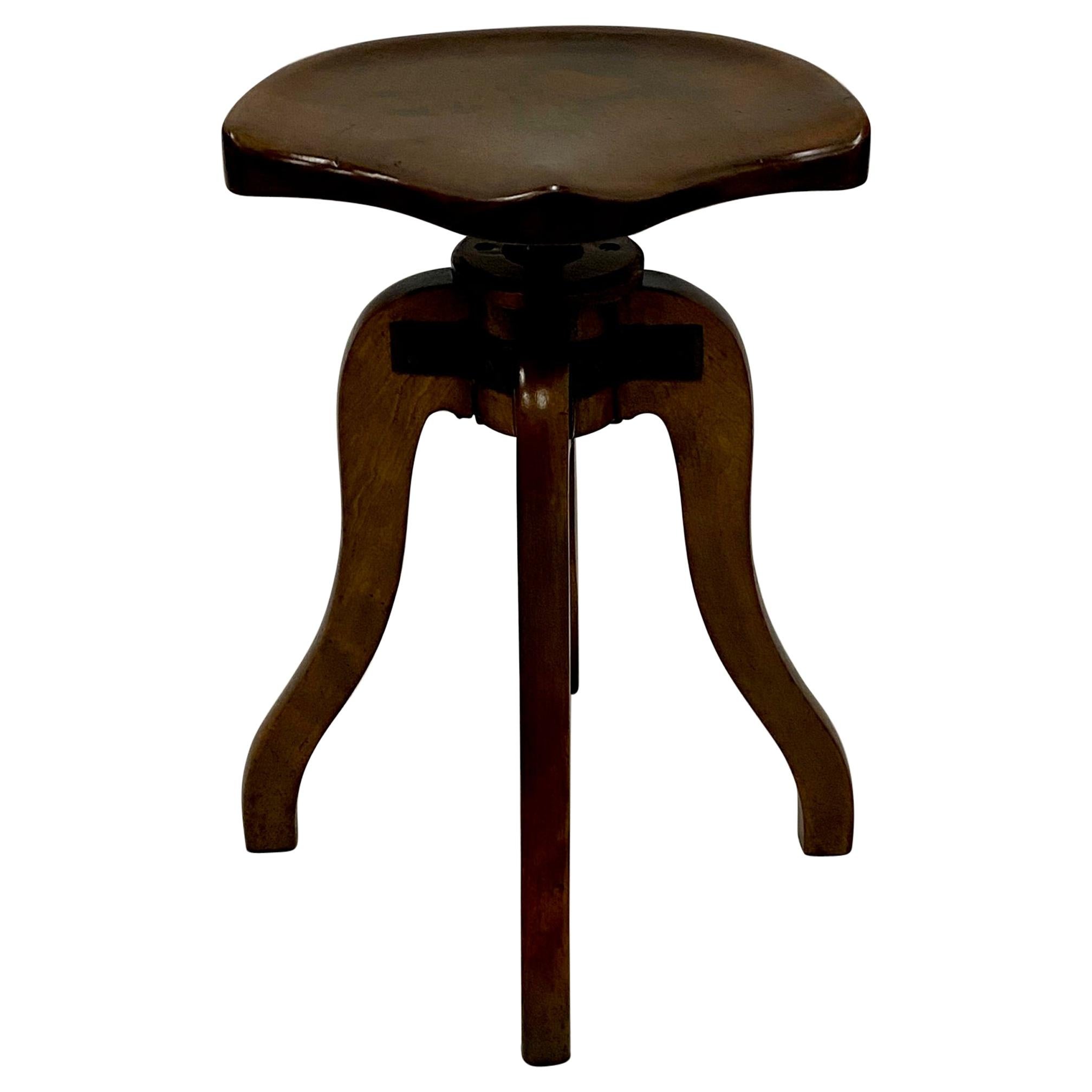 Awesome Industrial Adjustable Carved Mahogany & Iron Stool
