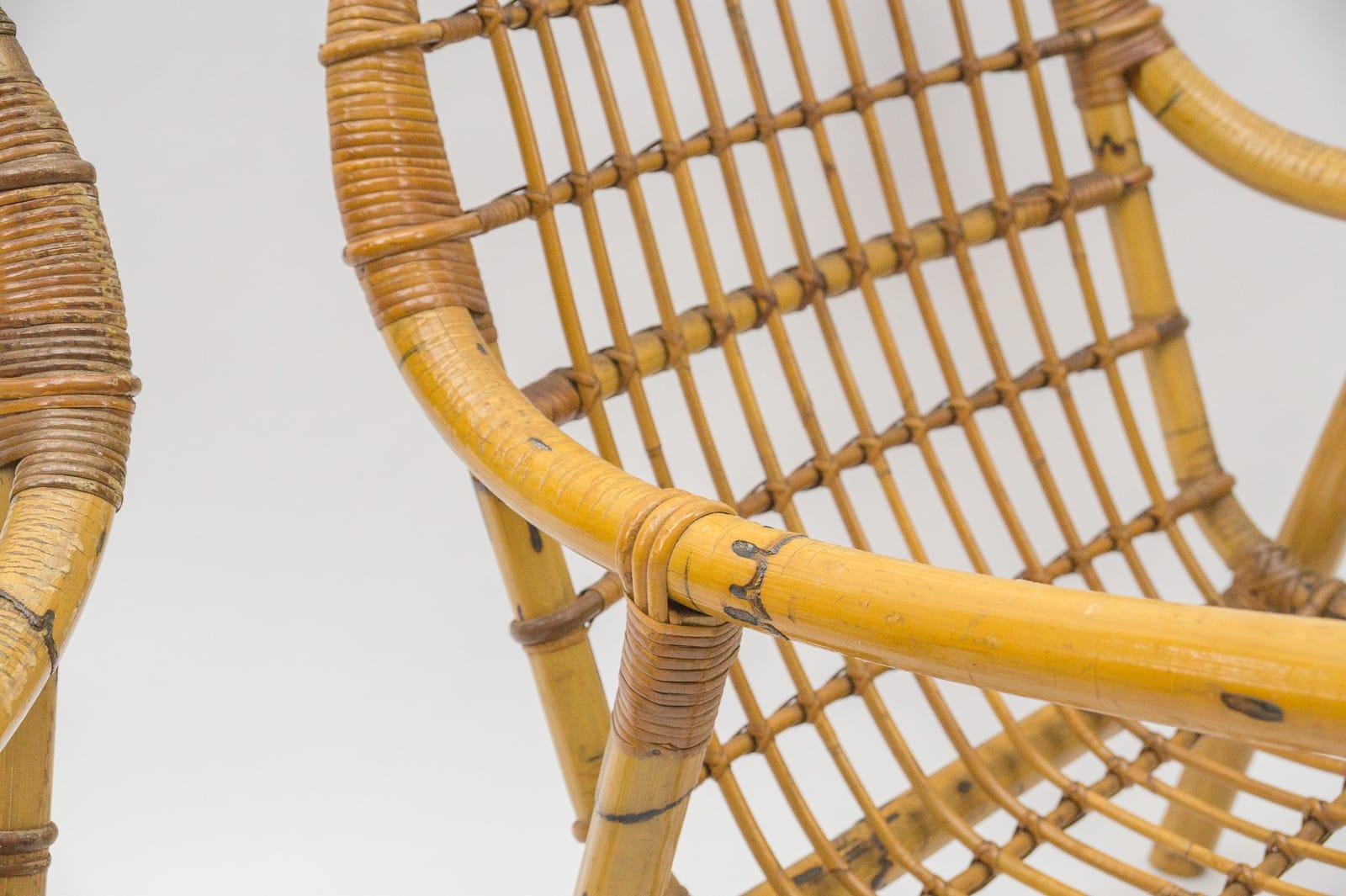 Superbe ensemble de 2 fauteuils italiens en bambou et rotin, années 1950 en vente 6
