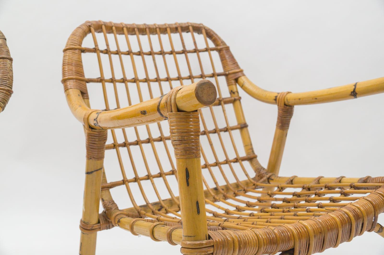 Superbe ensemble de 2 fauteuils italiens en bambou et rotin, années 1950 en vente 7
