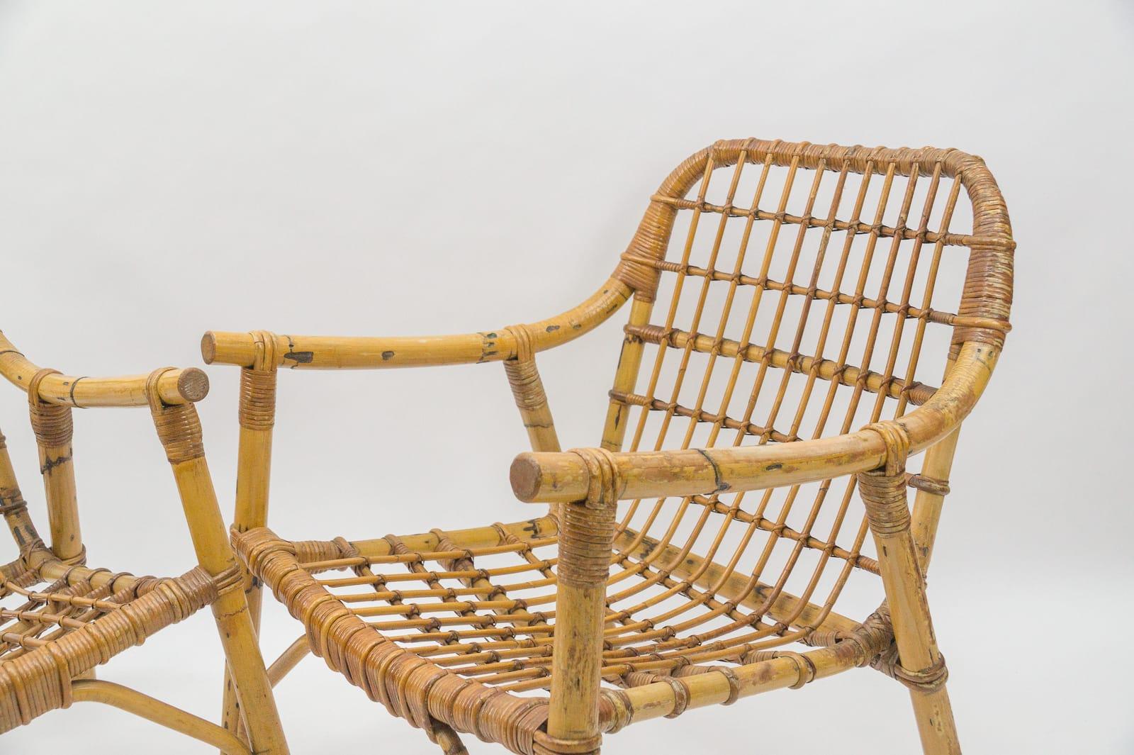 Superbe ensemble de 2 fauteuils italiens en bambou et rotin, années 1950 en vente 8