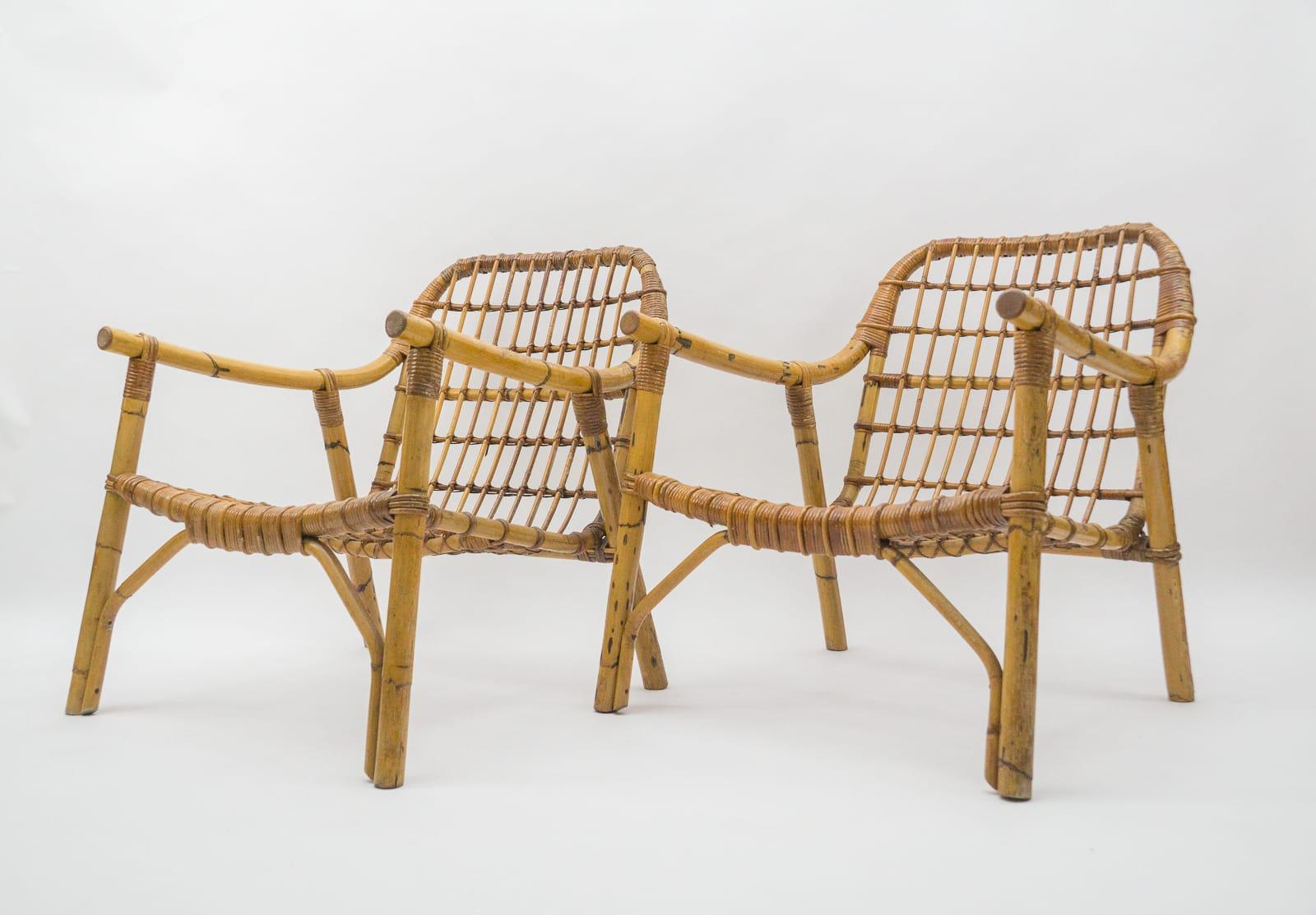 Superbe ensemble de 2 fauteuils italiens en bambou et rotin, années 1950 Bon état - En vente à Nürnberg, Bayern