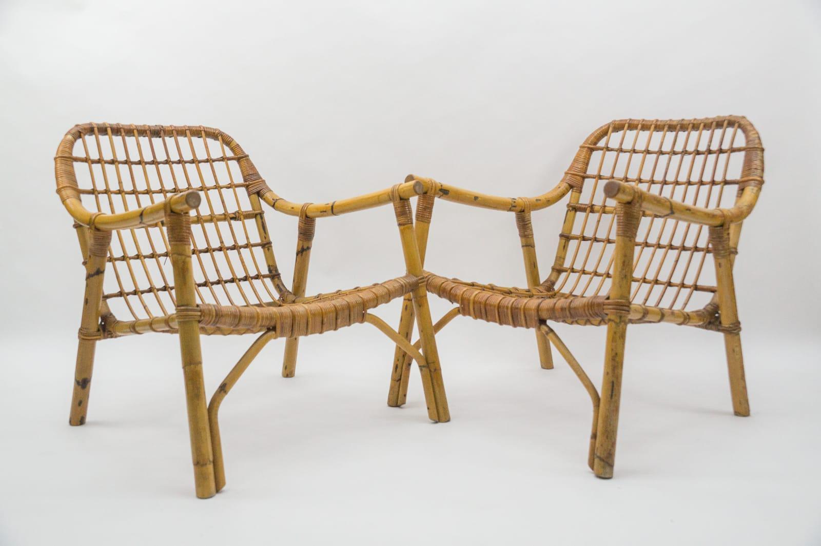 Milieu du XXe siècle Superbe ensemble de 2 fauteuils italiens en bambou et rotin, années 1950 en vente