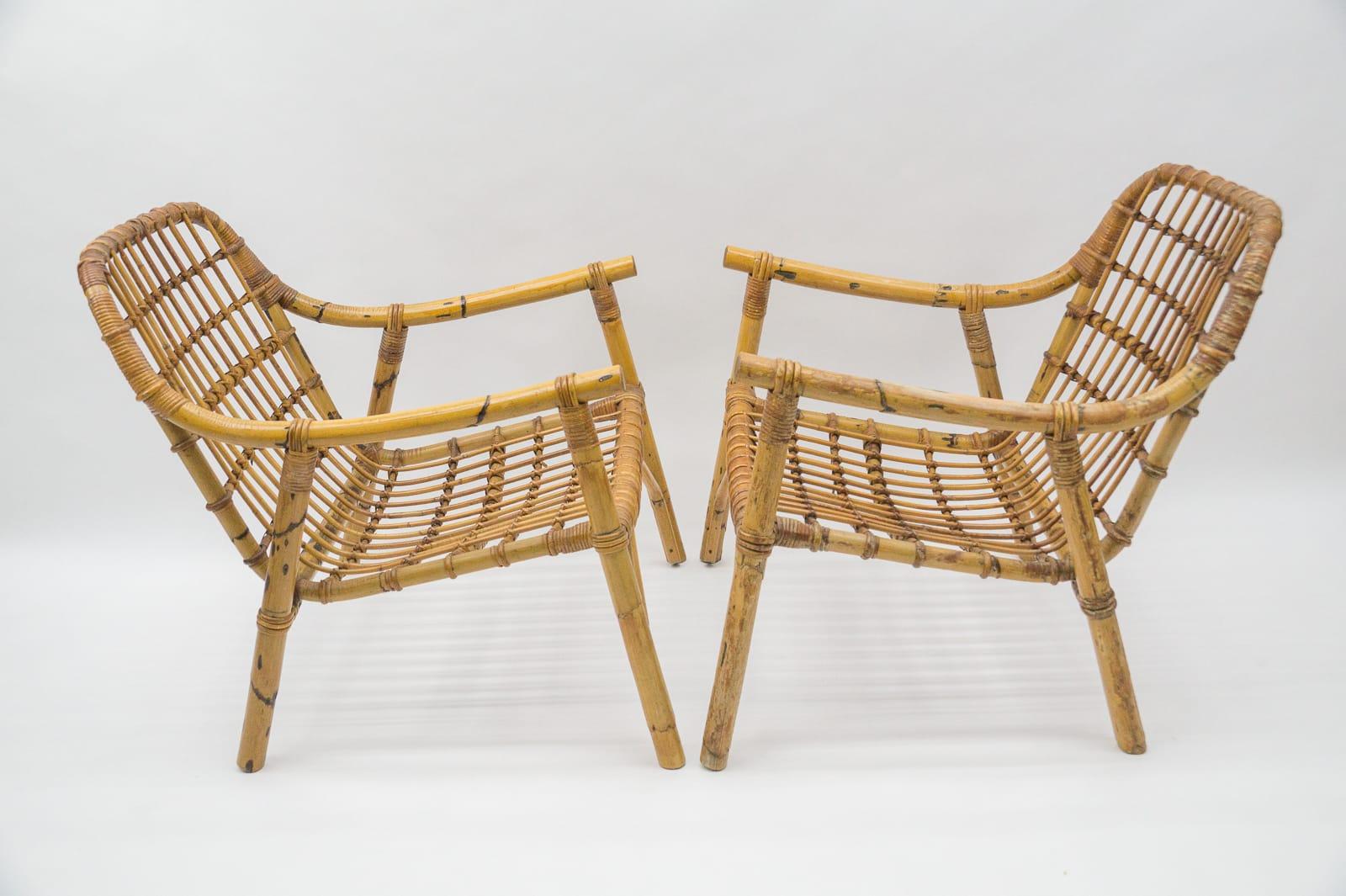 Superbe ensemble de 2 fauteuils italiens en bambou et rotin, années 1950 en vente 2