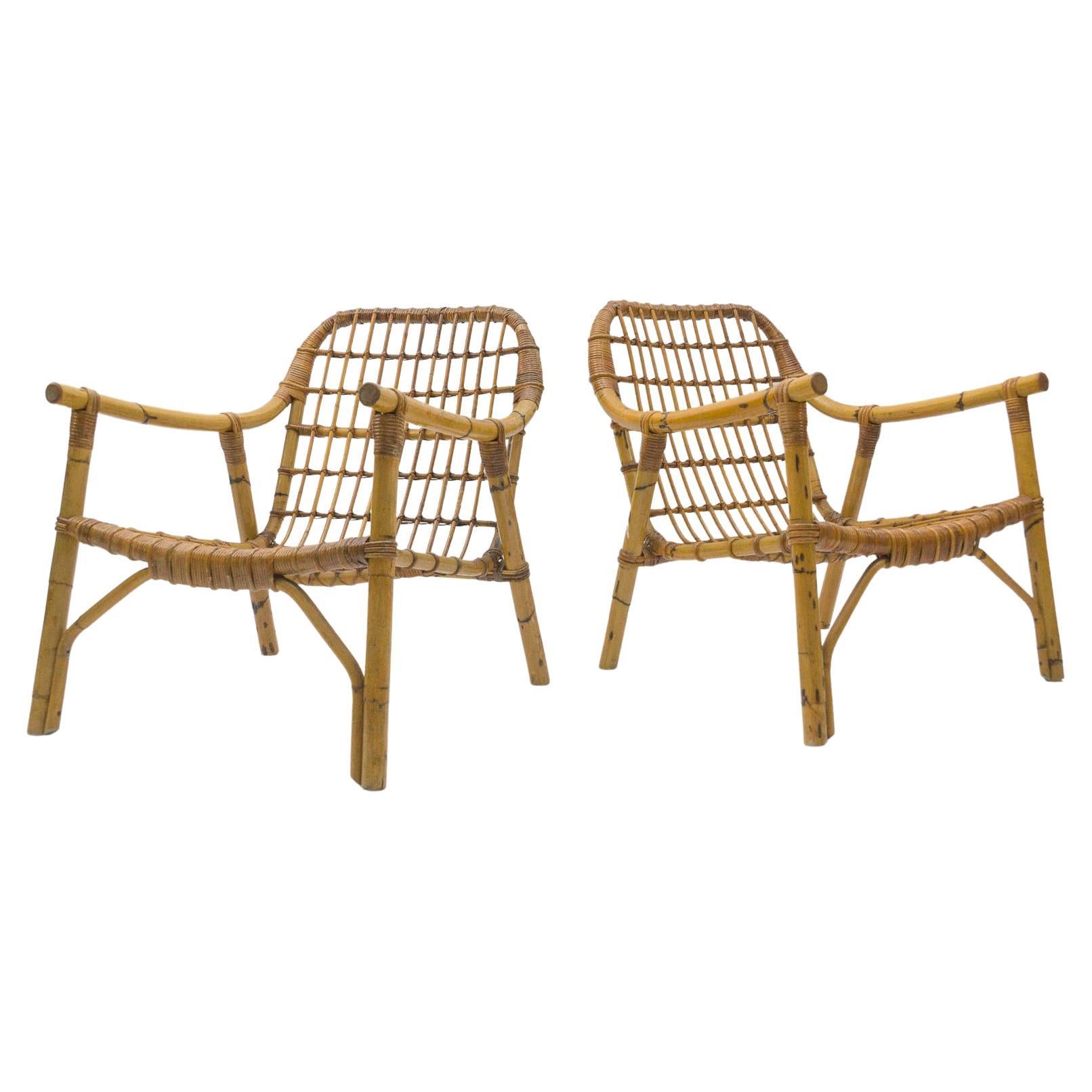 Superbe ensemble de 2 fauteuils italiens en bambou et rotin, années 1950 en vente