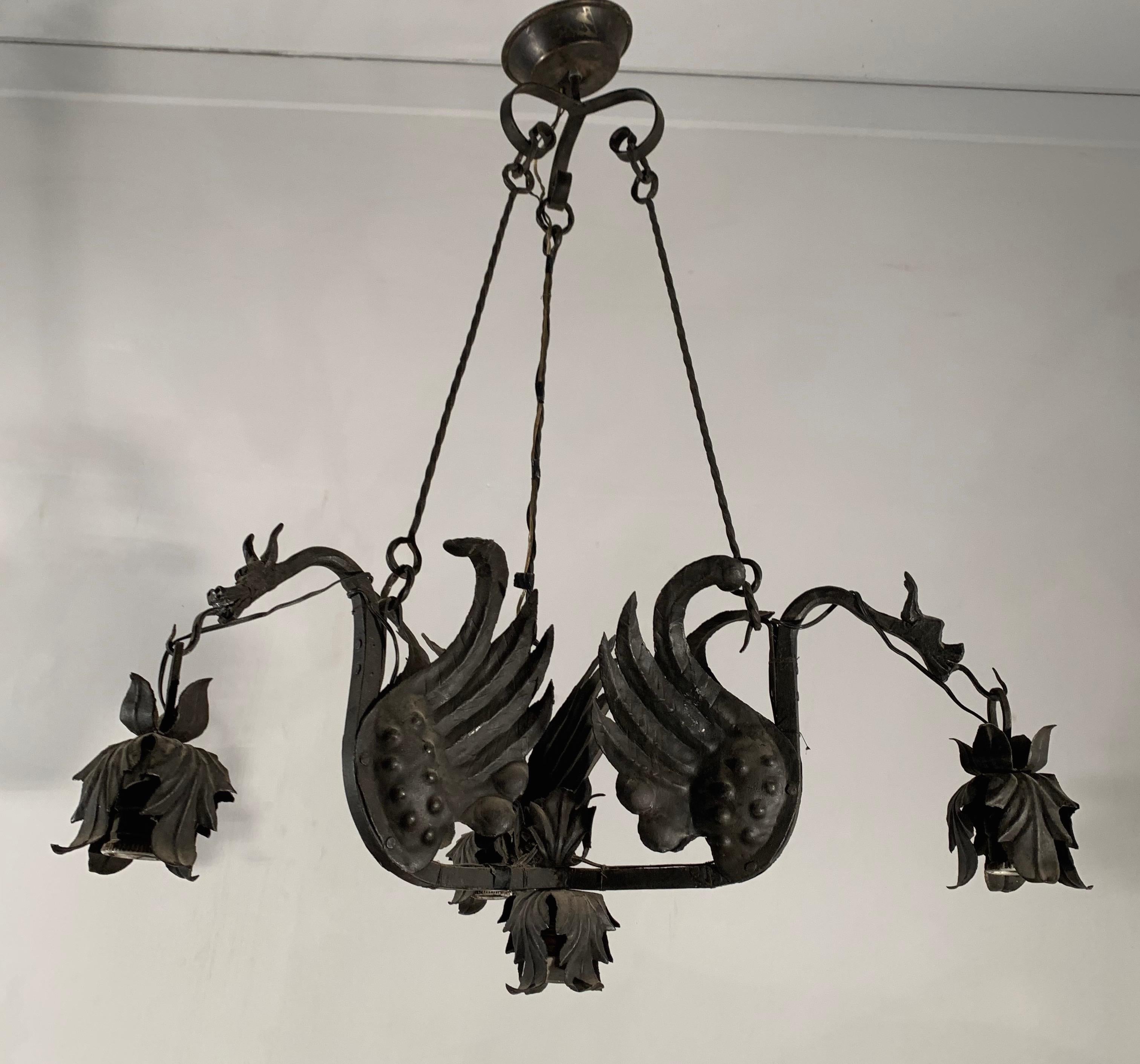 Awesome Italian Pendant / Metal Art Light Fixture with Flying Dragon Sculptures 3