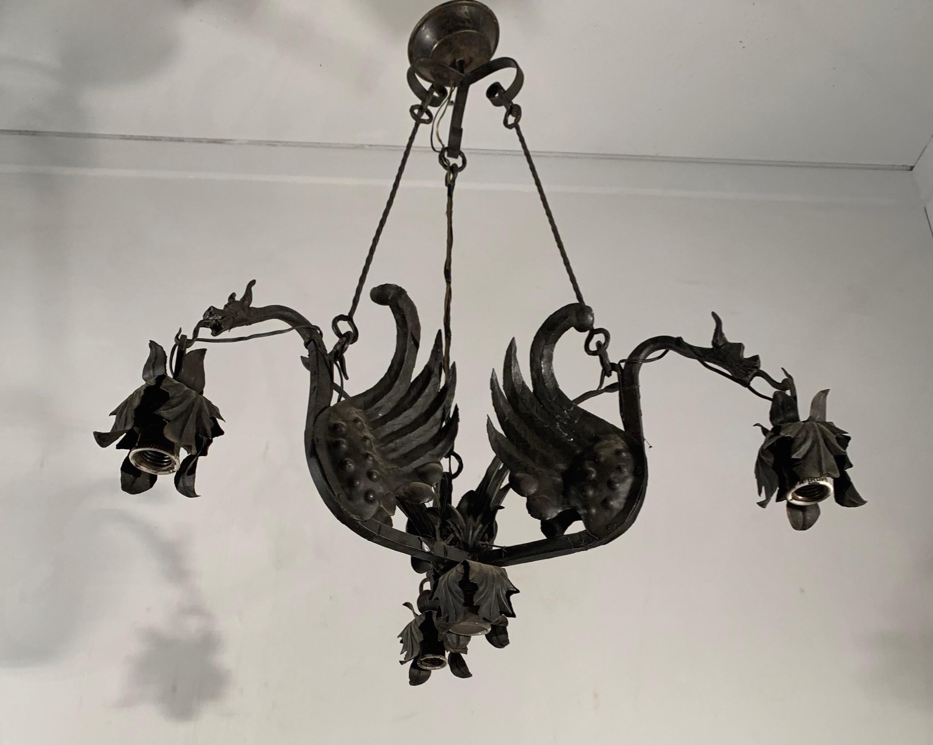 Awesome Italian Pendant / Metal Art Light Fixture with Flying Dragon Sculptures 5