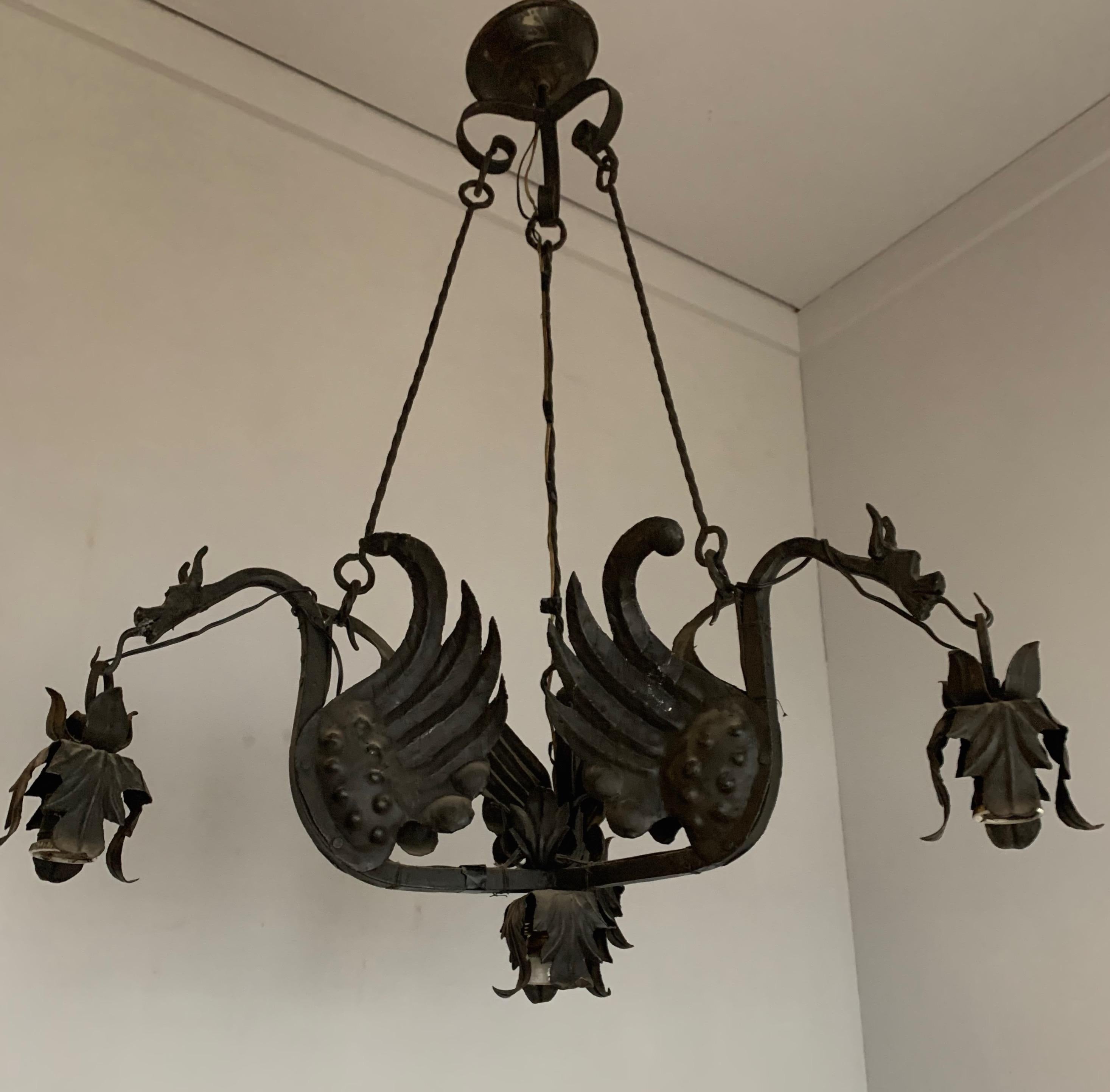 Awesome Italian Pendant / Metal Art Light Fixture with Flying Dragon Sculptures 11