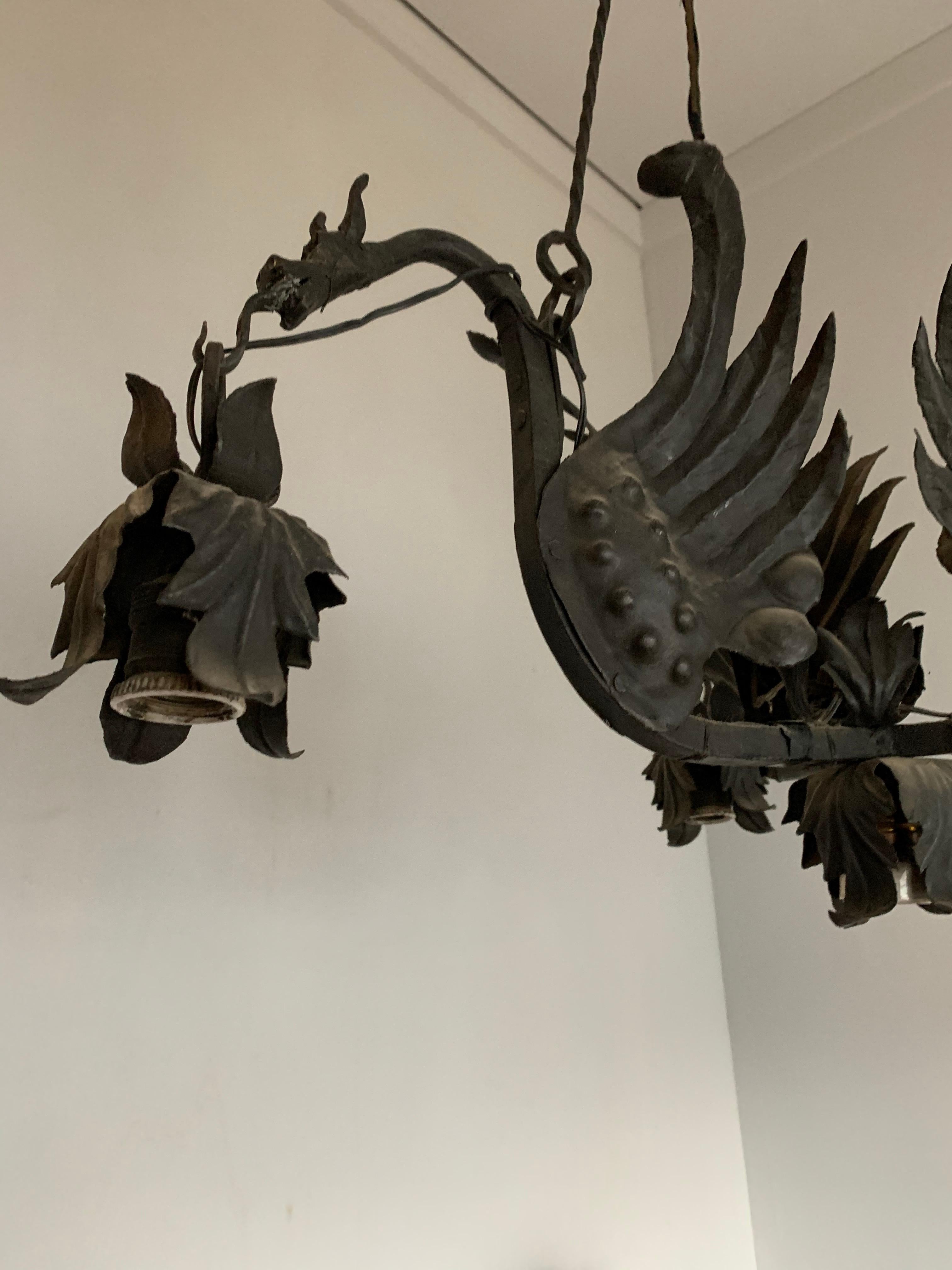 Forged Awesome Italian Pendant / Metal Art Light Fixture with Flying Dragon Sculptures