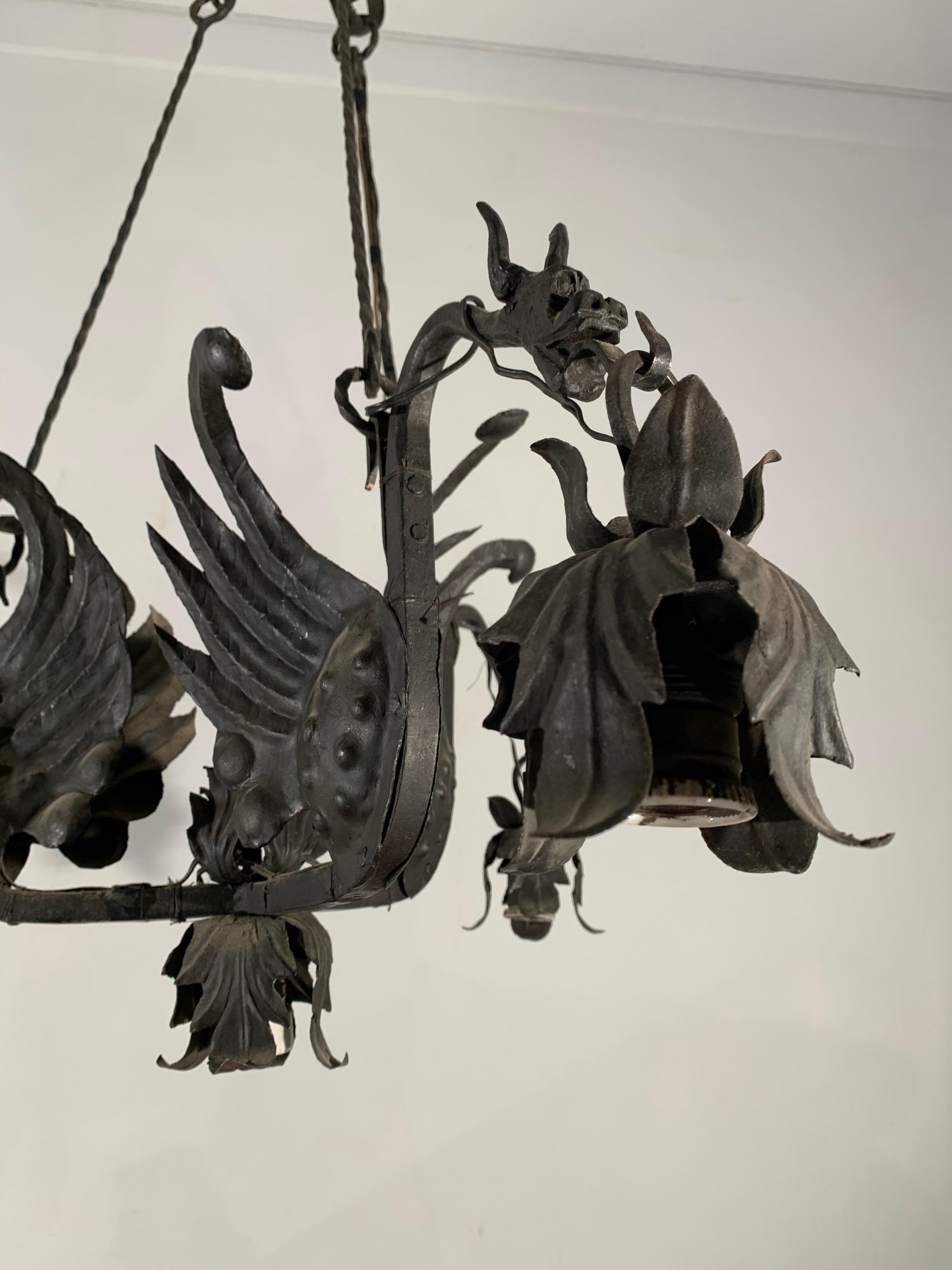 20th Century Awesome Italian Pendant / Metal Art Light Fixture with Flying Dragon Sculptures