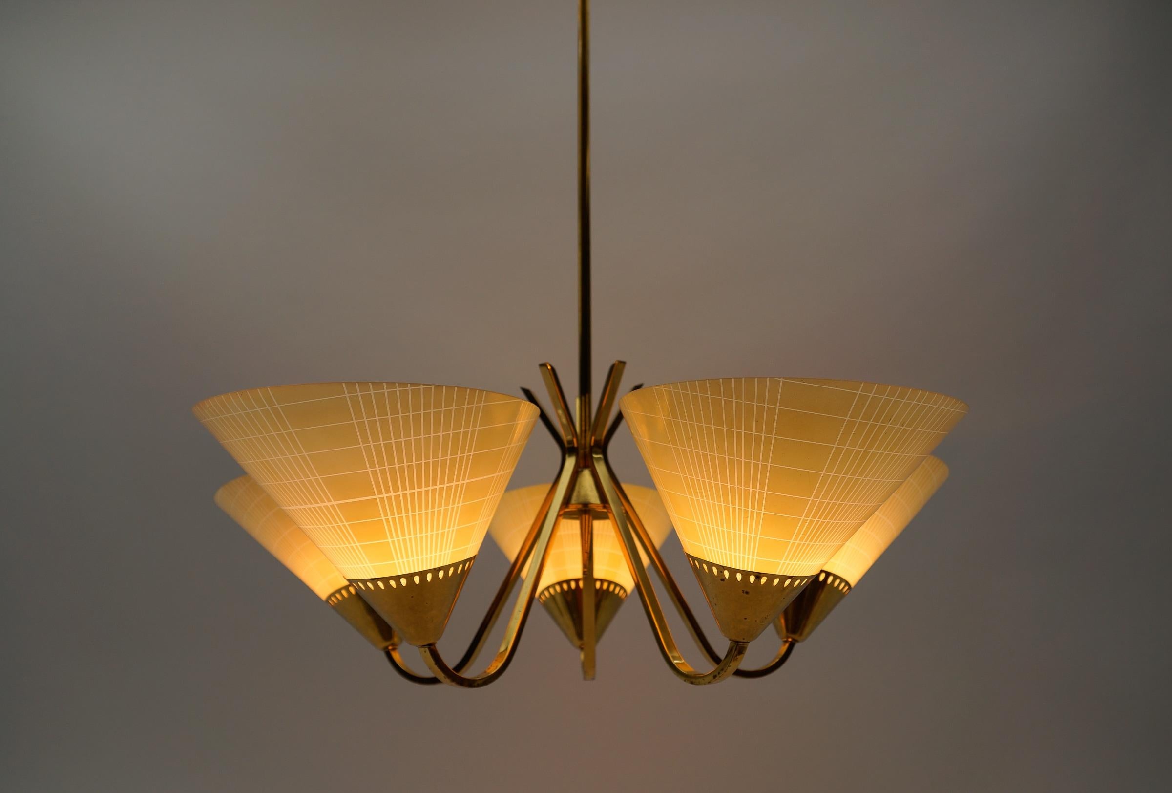 Awesome Mid-Century 5-Light Glass & Brass Ceiling Lamp, 1950s For Sale 4