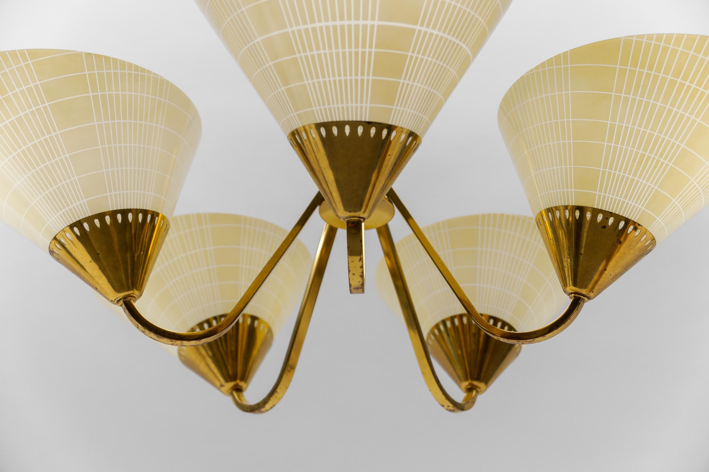 Awesome Mid-Century 5-Light Glass & Brass Ceiling Lamp, 1950s For Sale 7