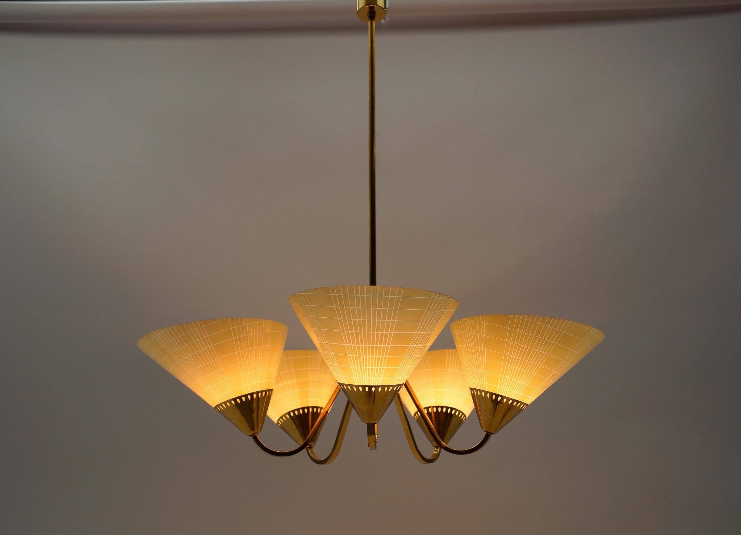 Mid-Century Modern Awesome Mid-Century 5-Light Glass & Brass Ceiling Lamp, 1950s For Sale