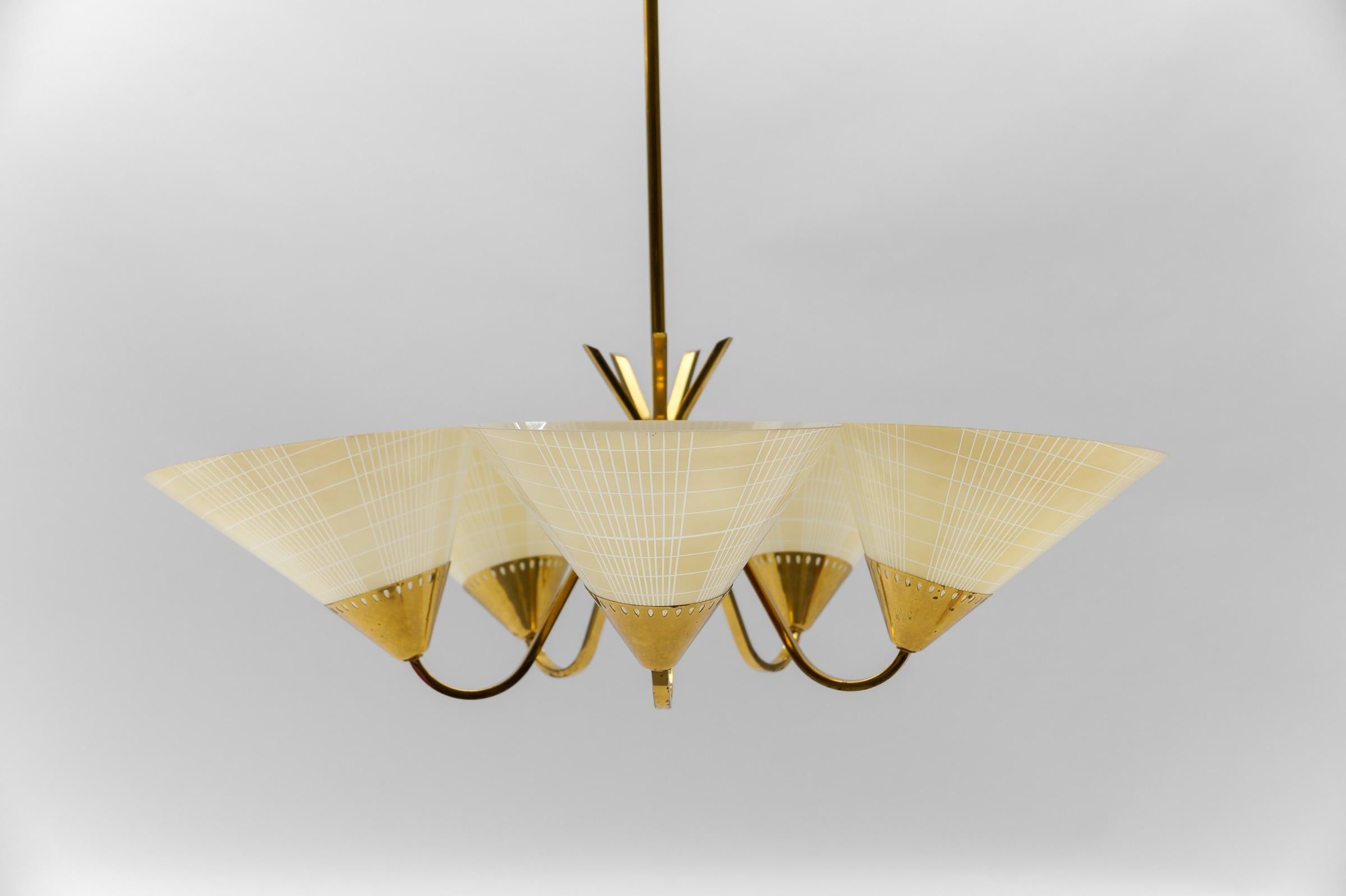 Italian Awesome Mid-Century 5-Light Glass & Brass Ceiling Lamp, 1950s For Sale