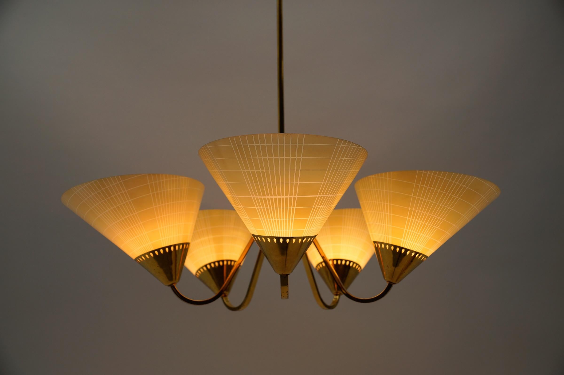 Mid-20th Century Awesome Mid-Century 5-Light Glass & Brass Ceiling Lamp, 1950s For Sale