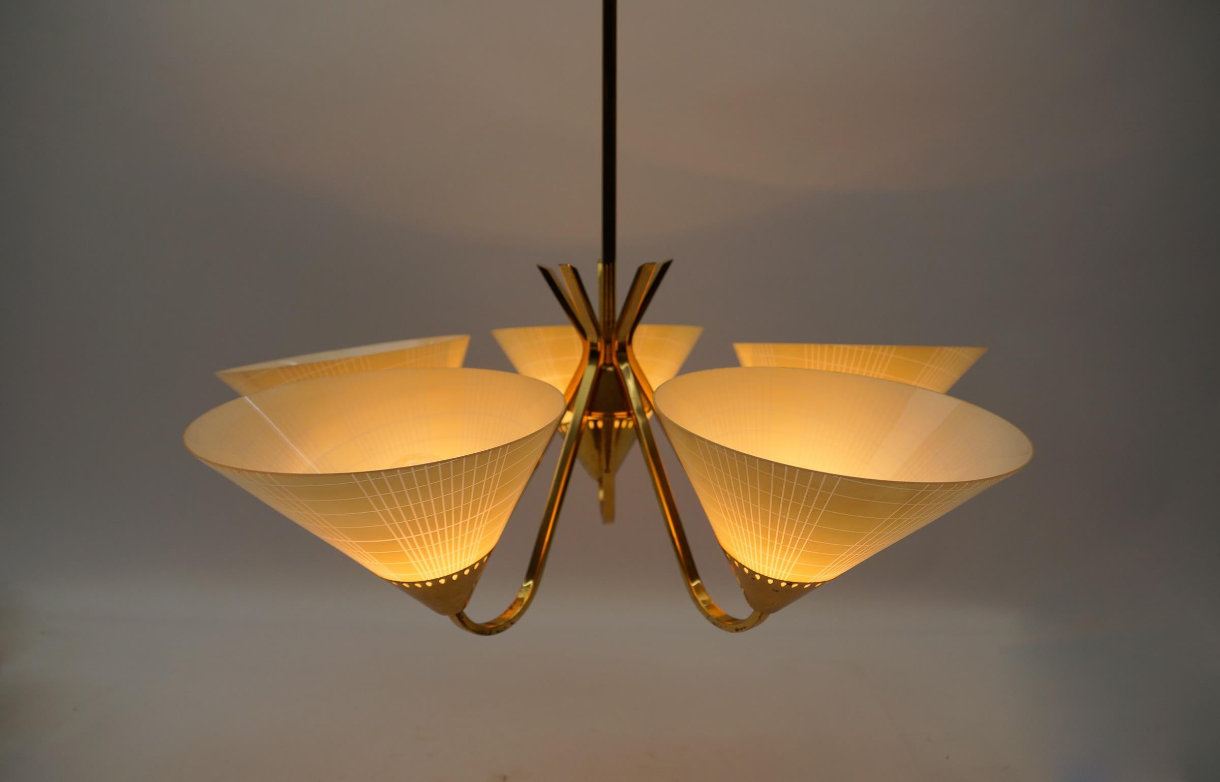 Awesome Mid-Century 5-Light Glass & Brass Ceiling Lamp, 1950s For Sale 2