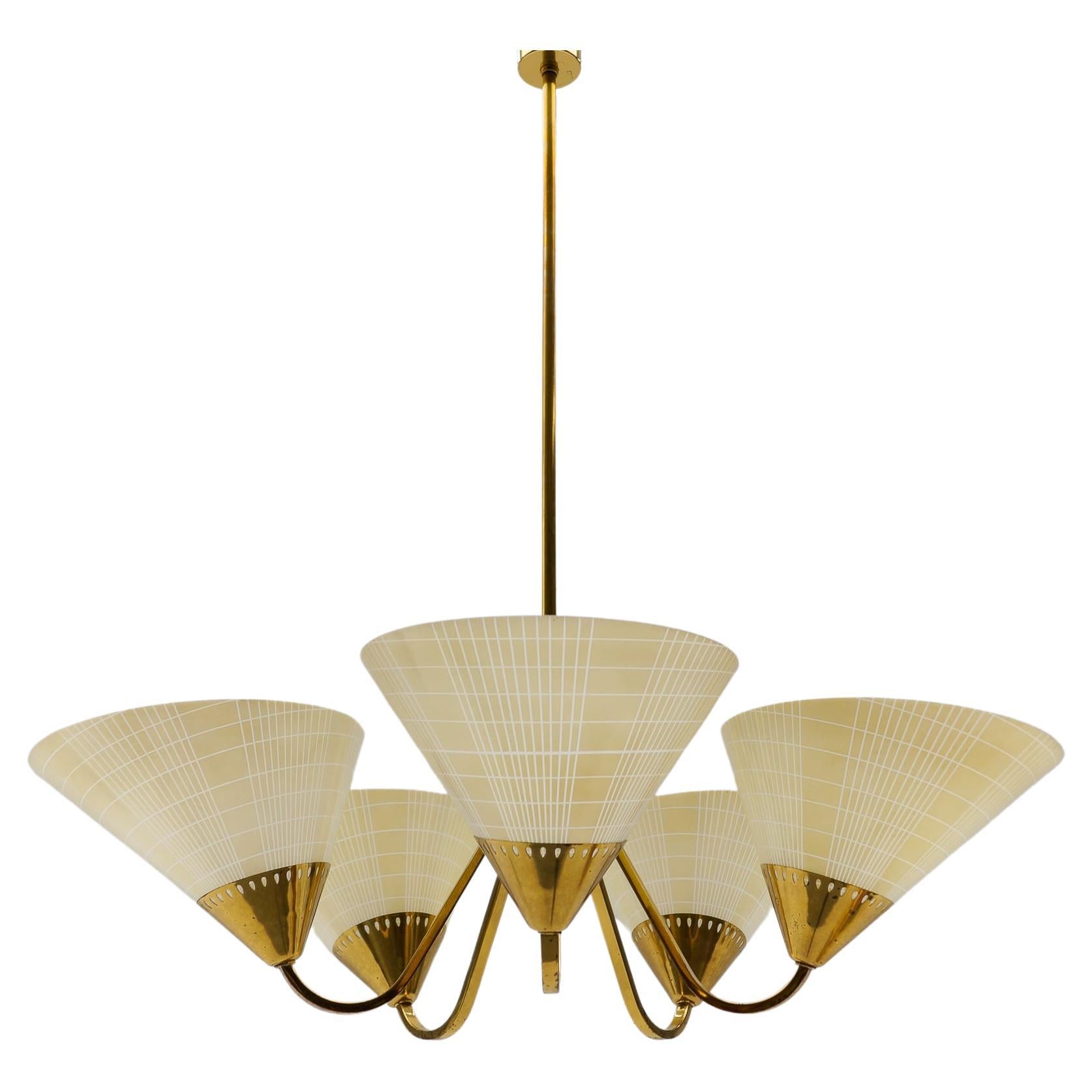 Awesome Mid-Century 5-Light Glass & Brass Ceiling Lamp, 1950s