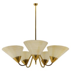 Impressionante lampada da soffitto a 5 luci in vetro e ottone del Mid-Century, anni '50