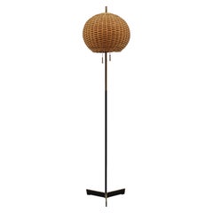 Awesome Mid-Century Modern tripod brass and rattan floor lamp, 1950s Austria