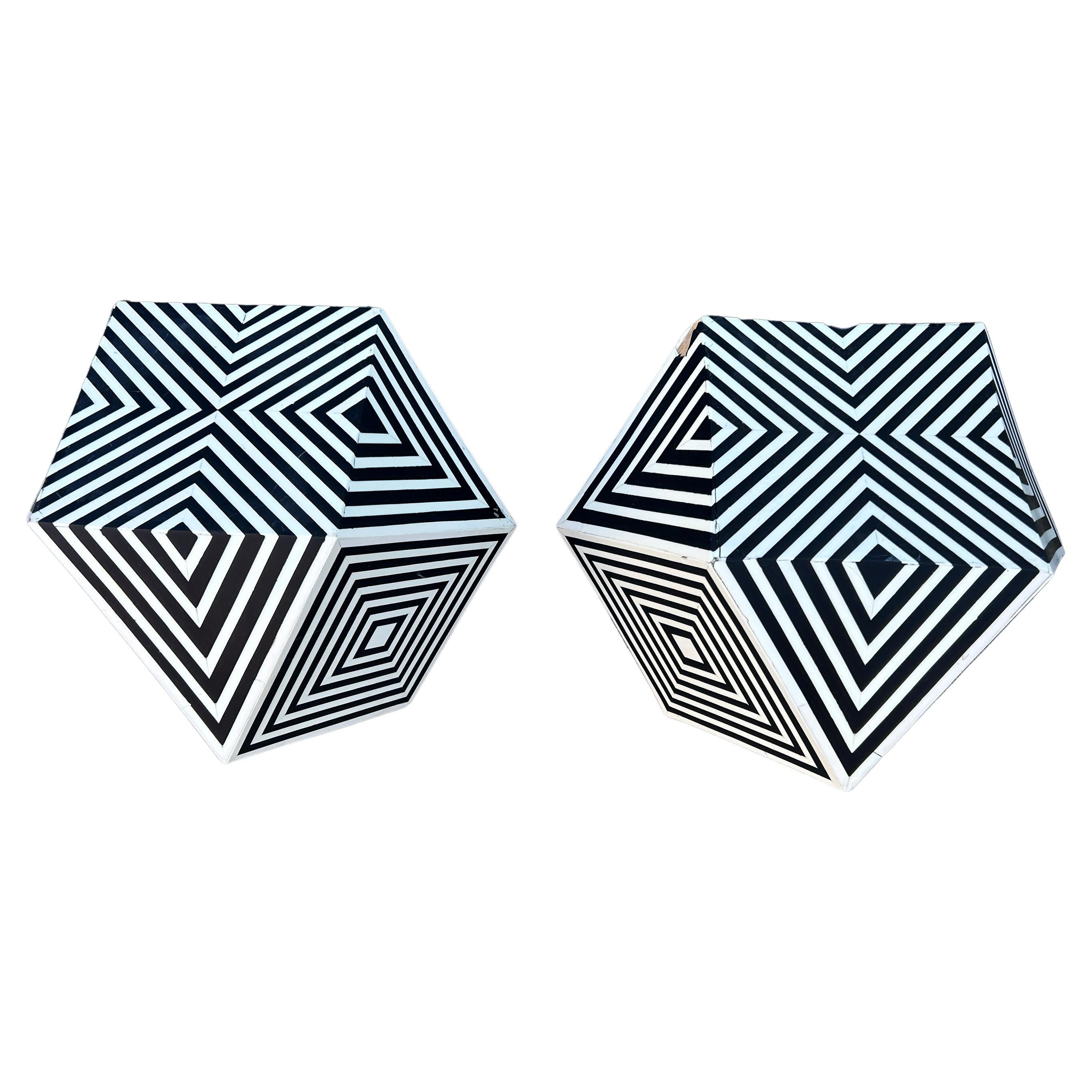 Awesome Pair of Geometric black and white resin stools or end tables art