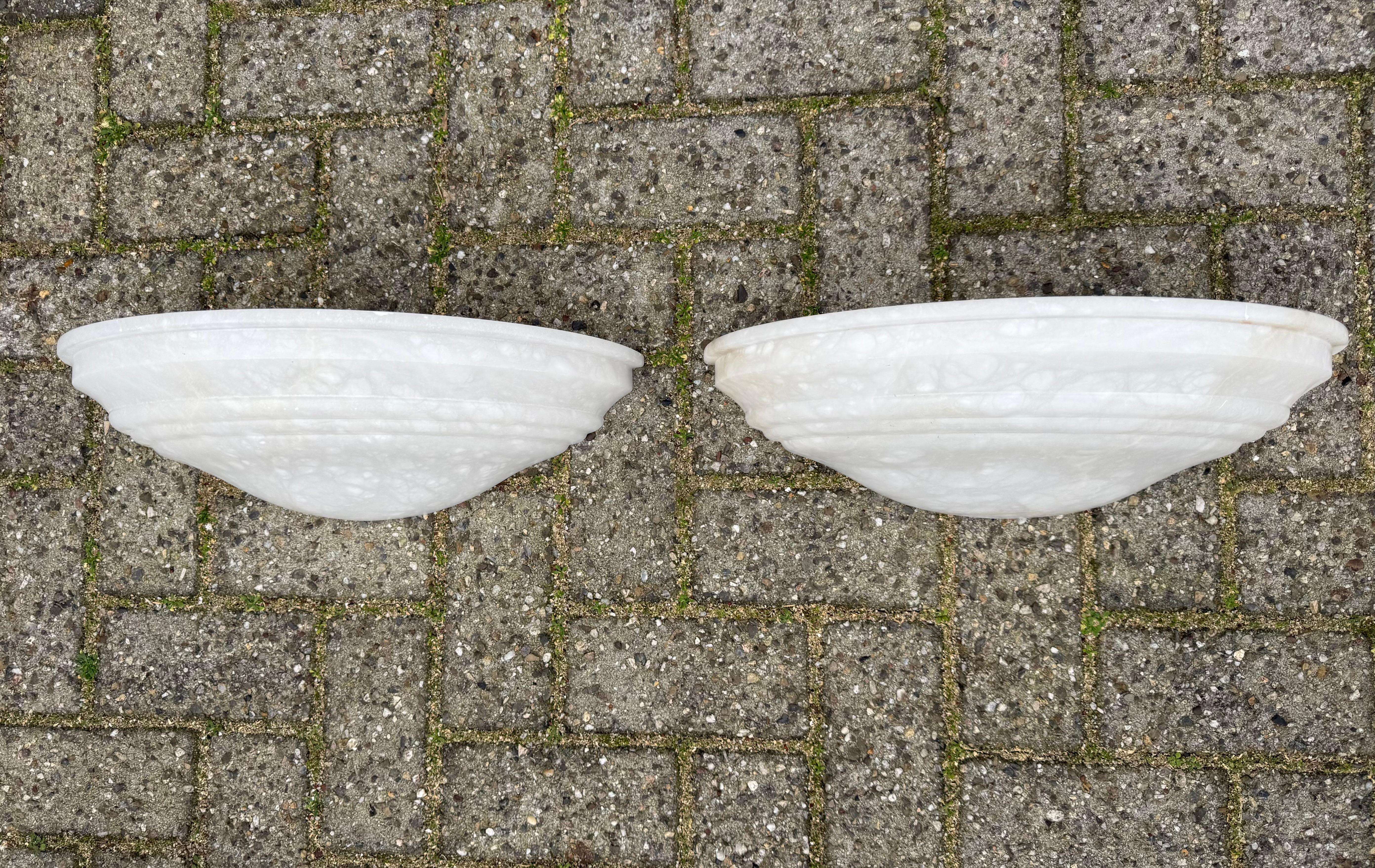 Art Deco Awesome Shape & Extra Large Pair of Midcentury Made White Alabaster Wall Sconces For Sale