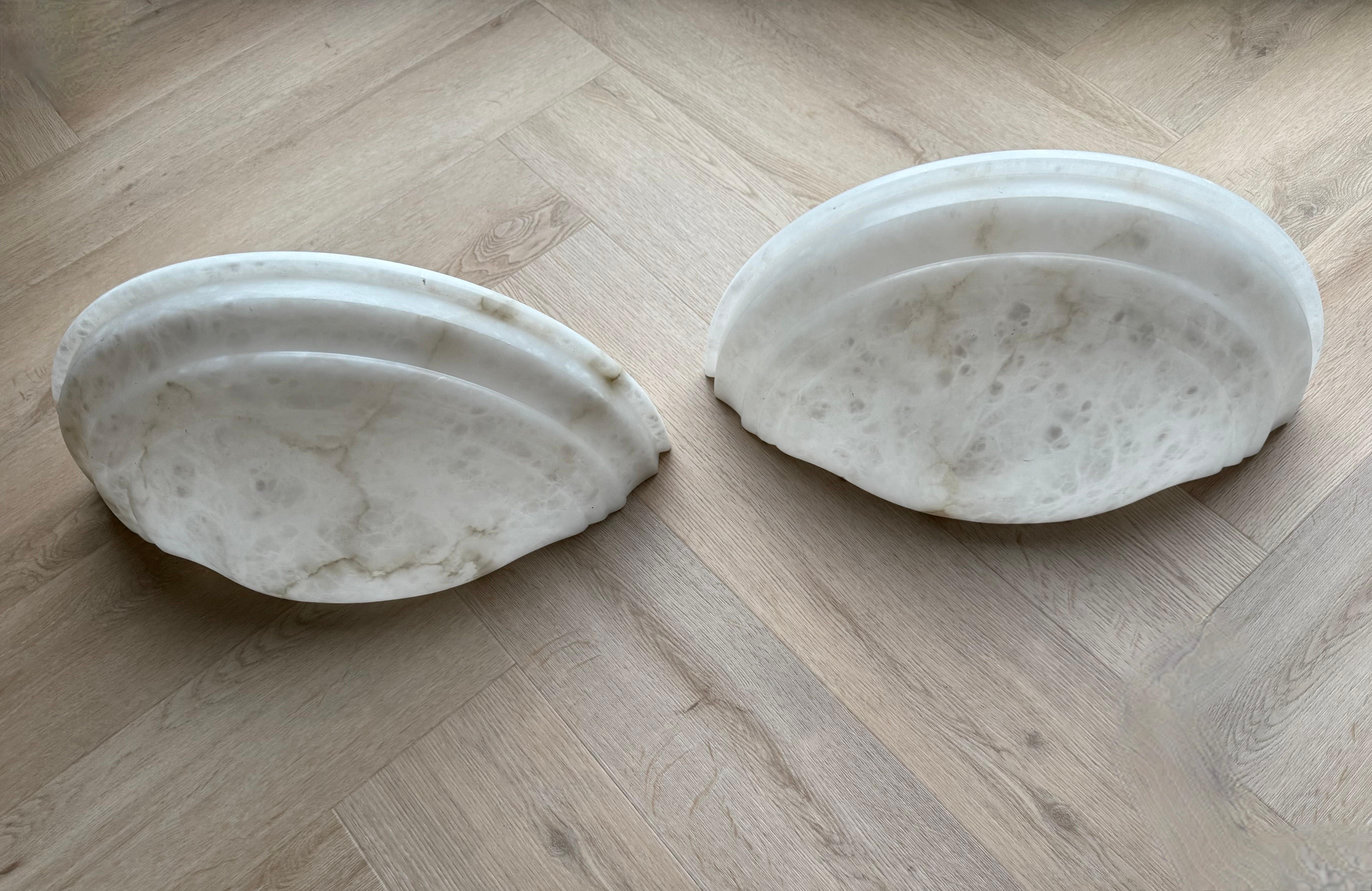 Polished Awesome Shape & Extra Large Pair of Midcentury Made White Alabaster Wall Sconces For Sale
